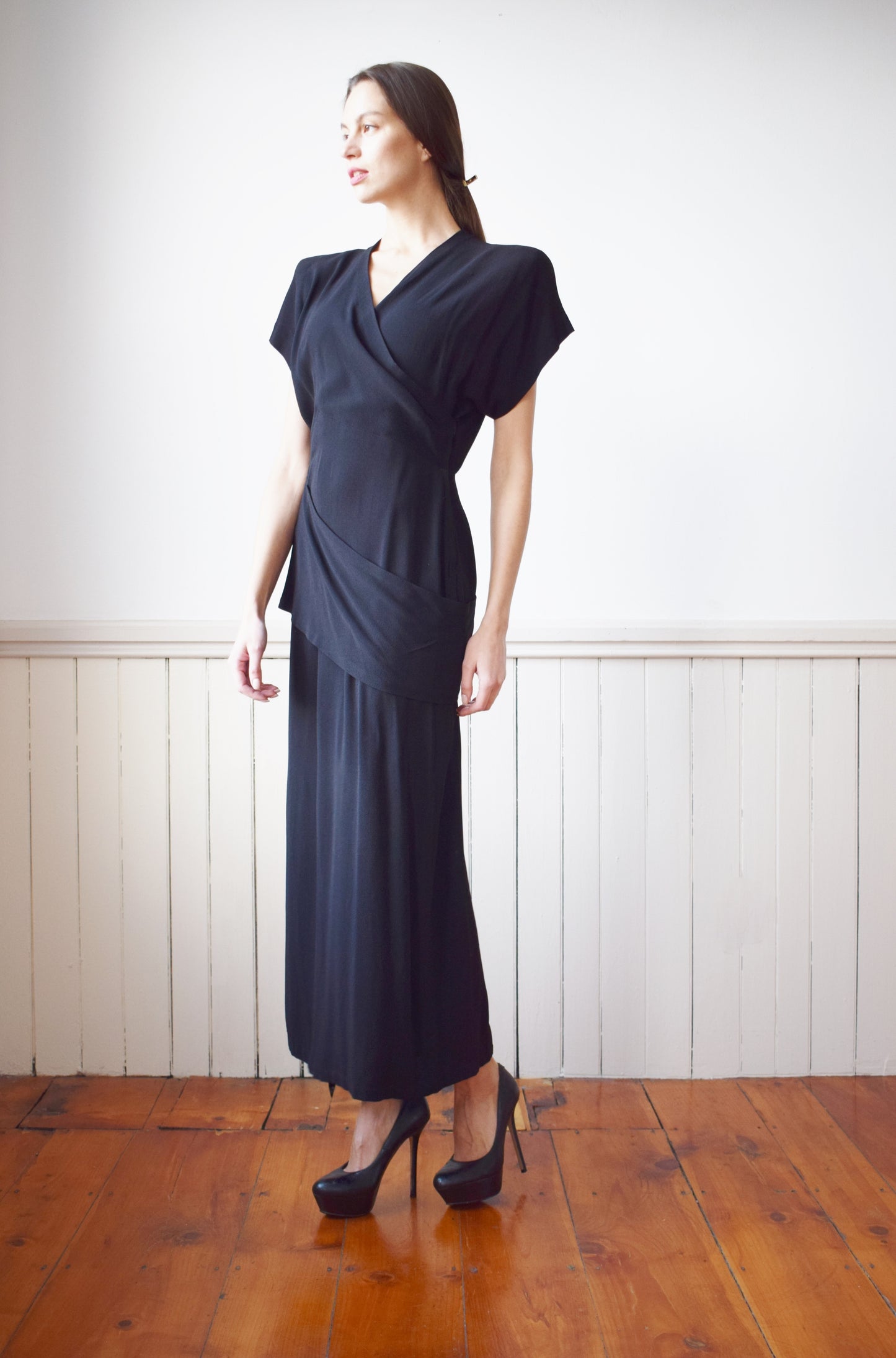 1940s Gilbert Adrian Black Rayon Crepe Gown | S/M