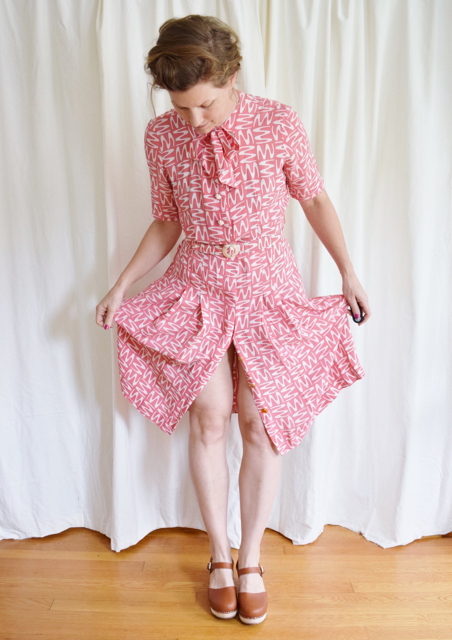 1940s Cold Rayon Novelty Print Day Dress | Pink Squiggle Dress | Button Front