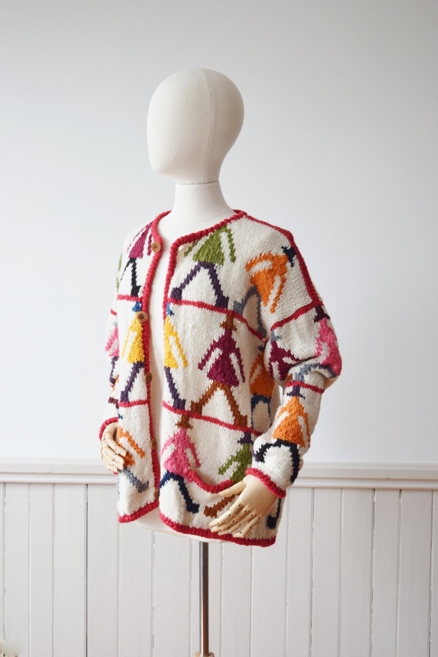 1990s Bolivian Knit Cardigan | Vintage Chunky Wool Cardigan | L
