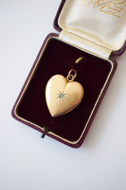 Antique Gold Heart Locket with Rhinestone Starburst