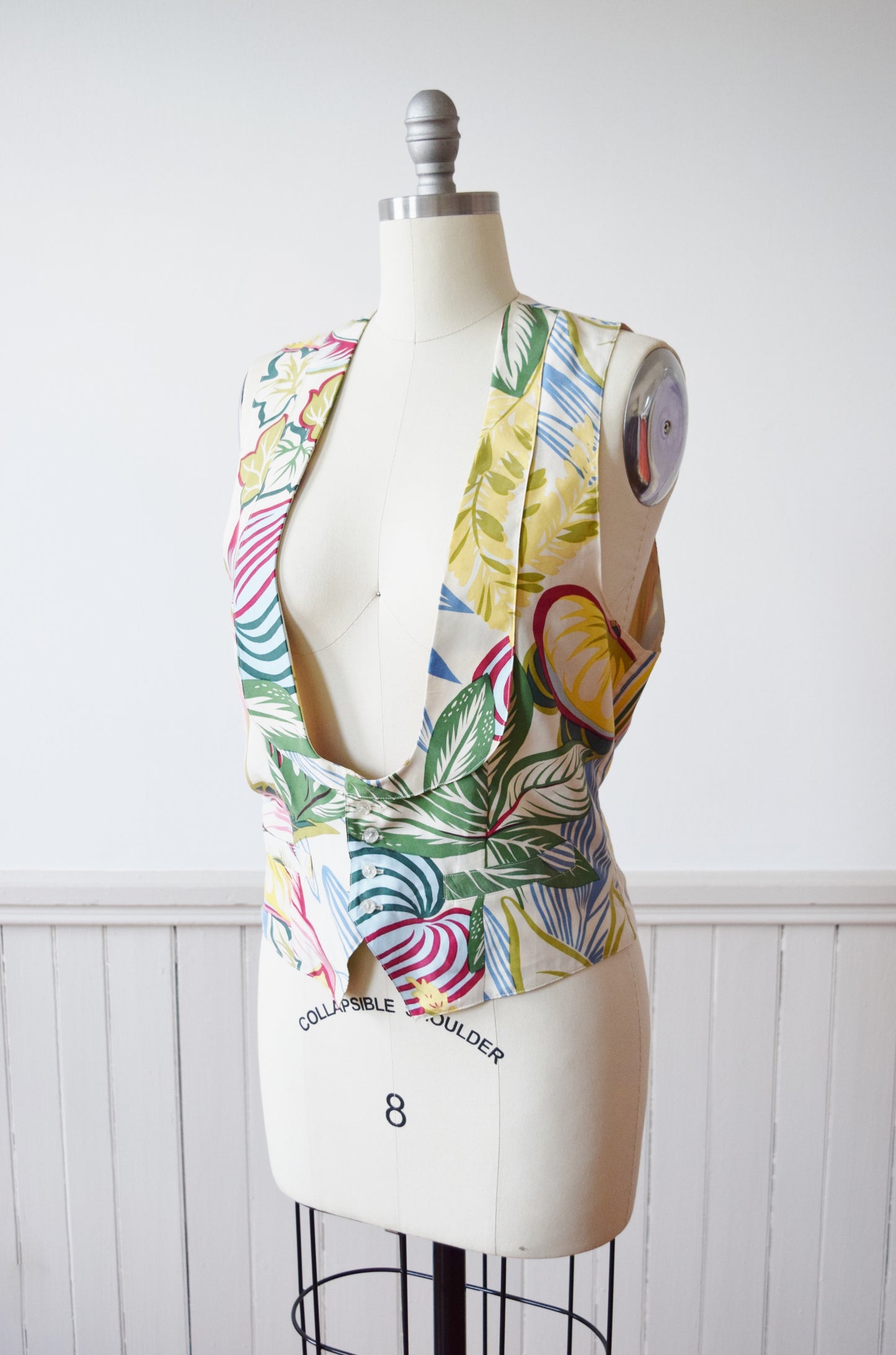 1990s Tropical Print Silk Waistcoat / Vest by Anne Pinkerton | M