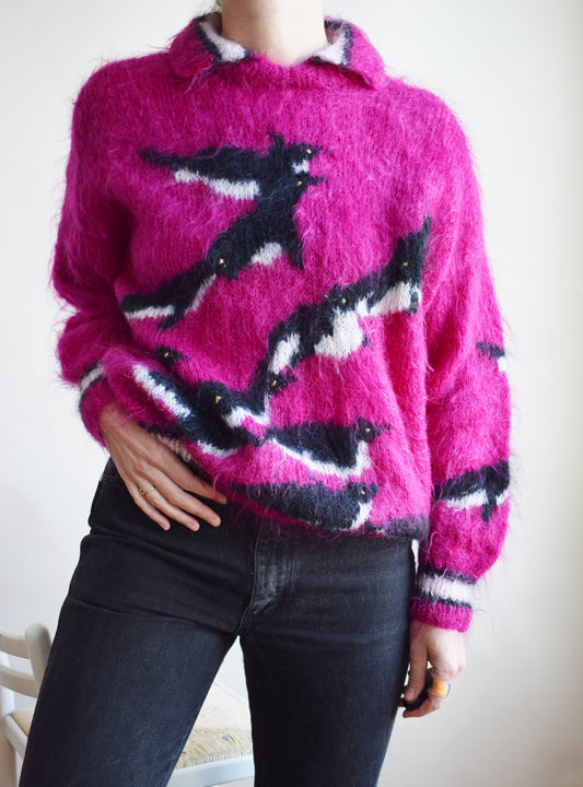 Hand Knit Hot Pink Mohair Penguin Sweater | L/XL