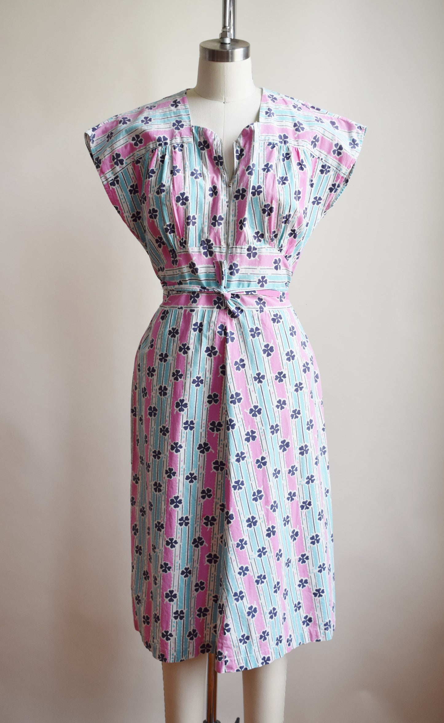 1940s Lucky Clover House Dress | Turquoise/Pink | S/M