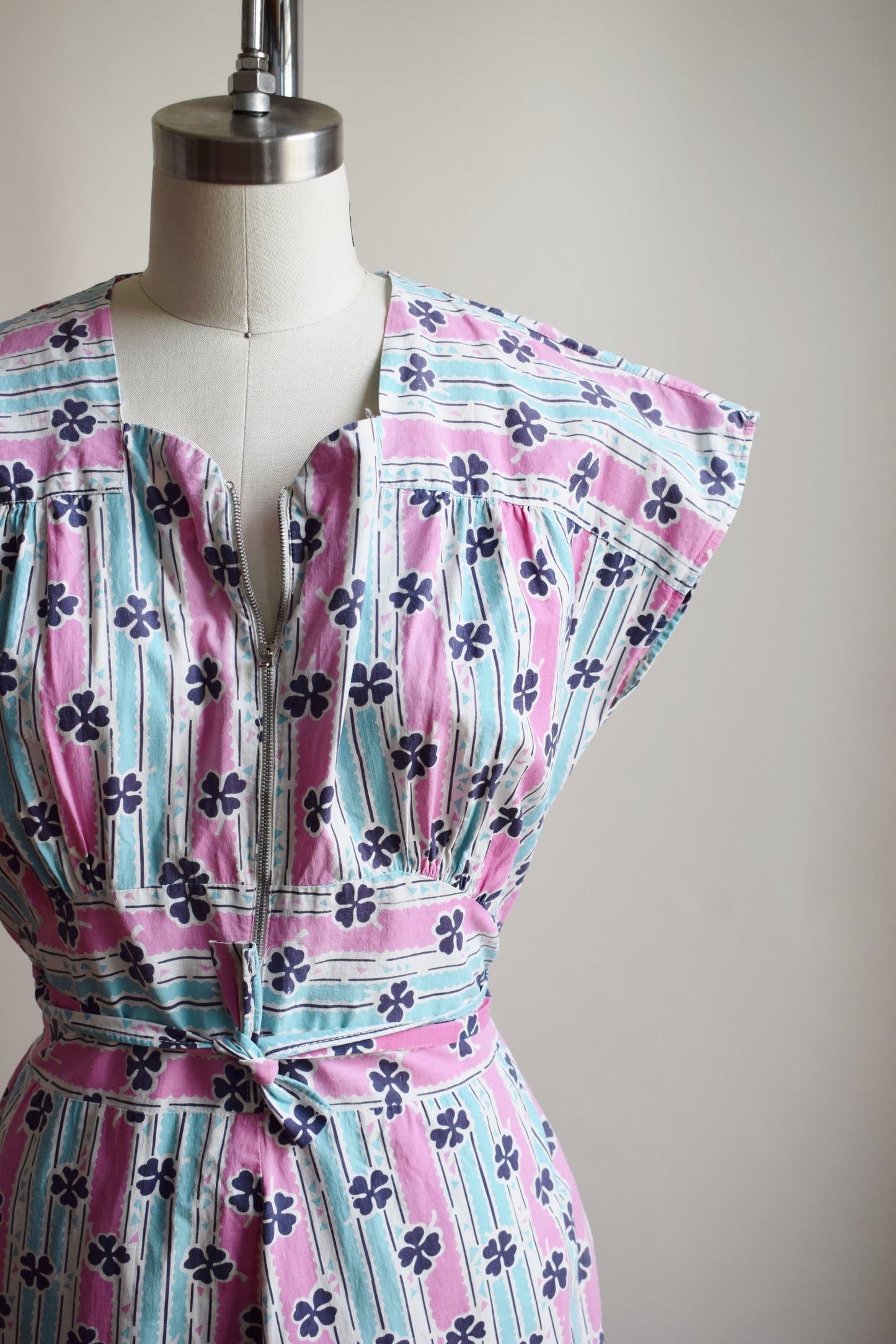 1940s Lucky Clover House Dress | Turquoise/Pink | S/M