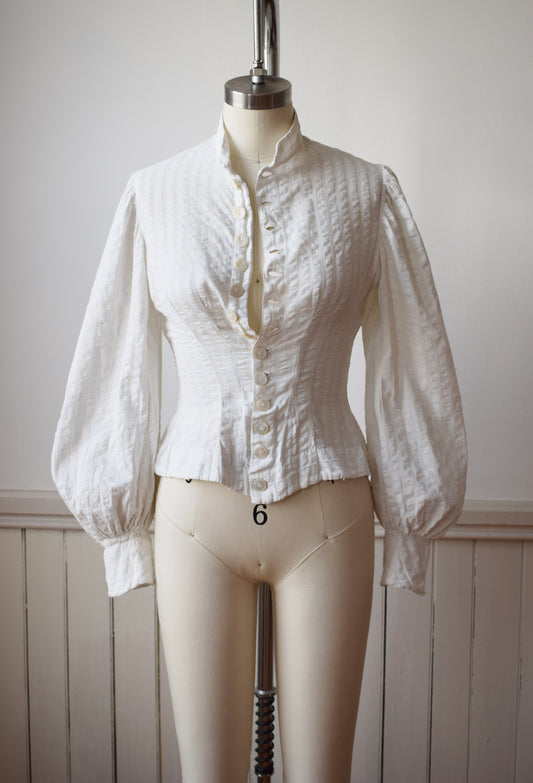 Antique Seersucker Cotton Bishop Sleeve Blouse | XS