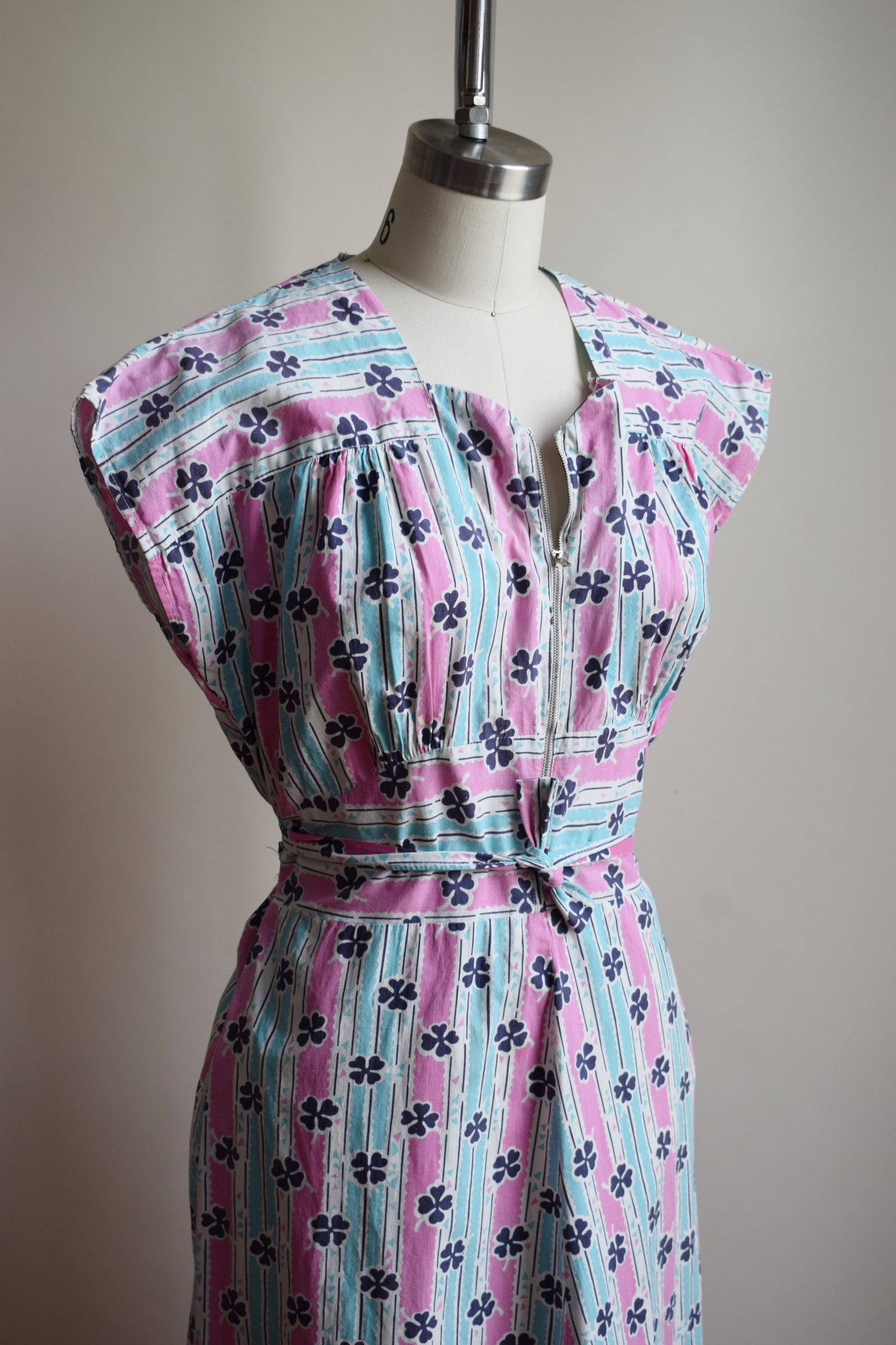 1940s Lucky Clover House Dress | Turquoise/Pink | S/M