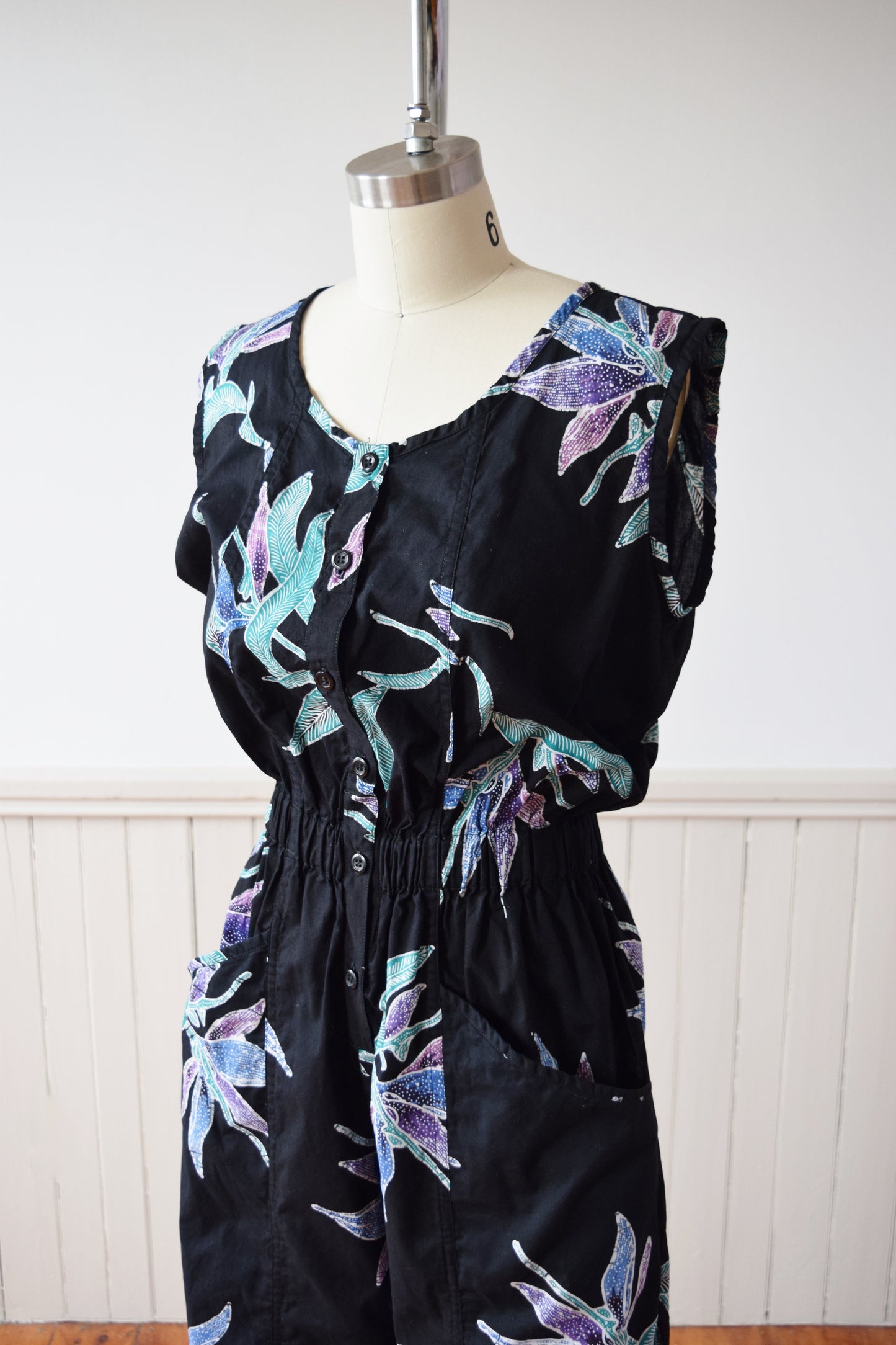1980s Cotton Batik Jumpsuit | Dark Floral Print | M-L