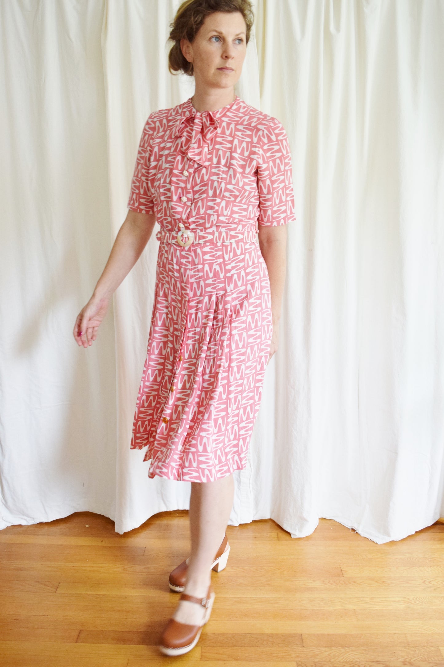 1940s Cold Rayon Novelty Print Day Dress | Pink Squiggle Dress | Button Front