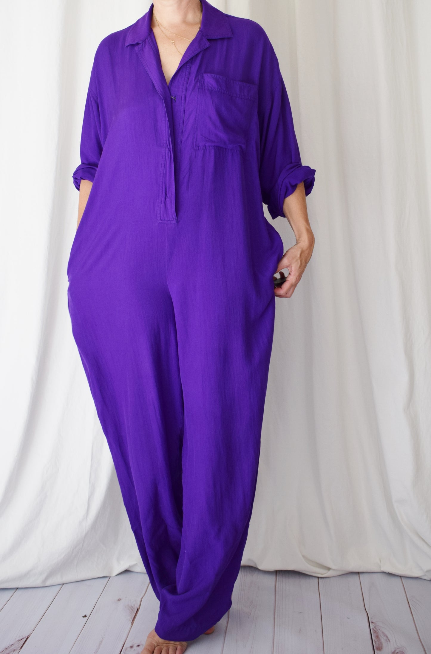 90s Donna Karan Royal Purple Silk Jumpsuit | L