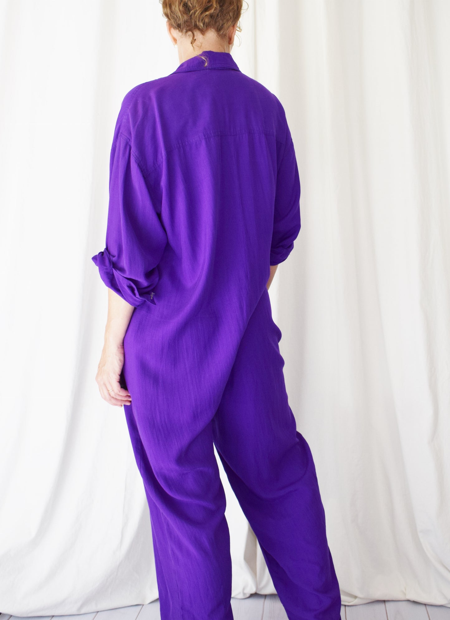90s Donna Karan Royal Purple Silk Jumpsuit | L