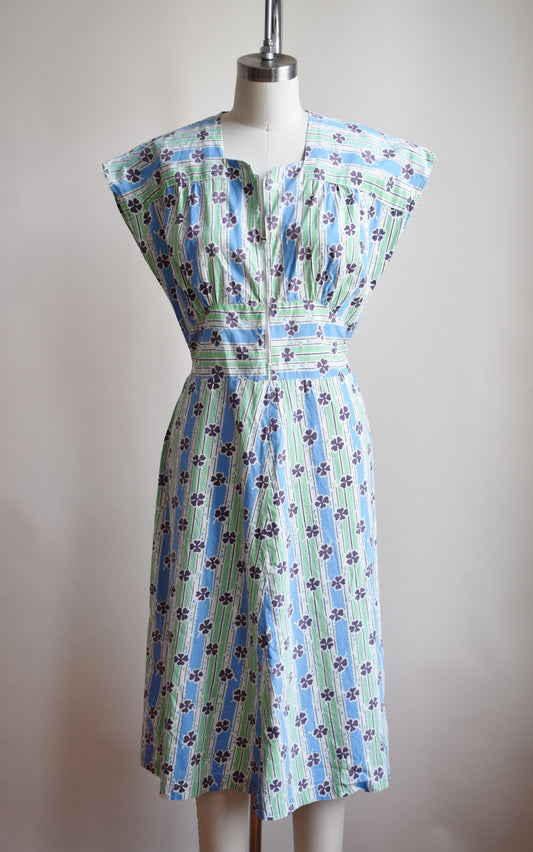 1940s Lucky Clover House Dress | Blue/Green | S/M