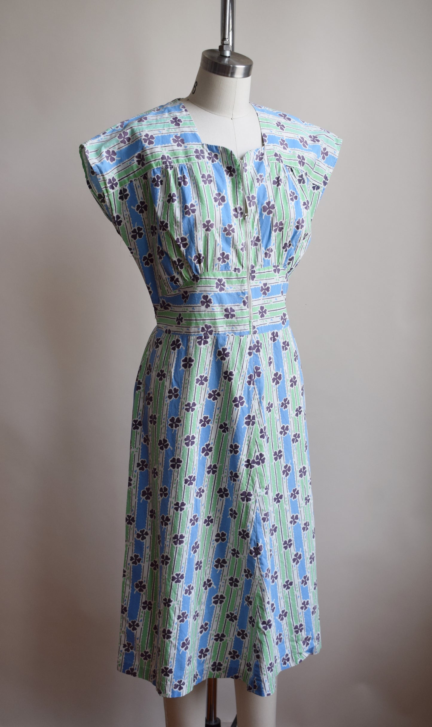 1940s Lucky Clover House Dress | Blue/Green | S/M