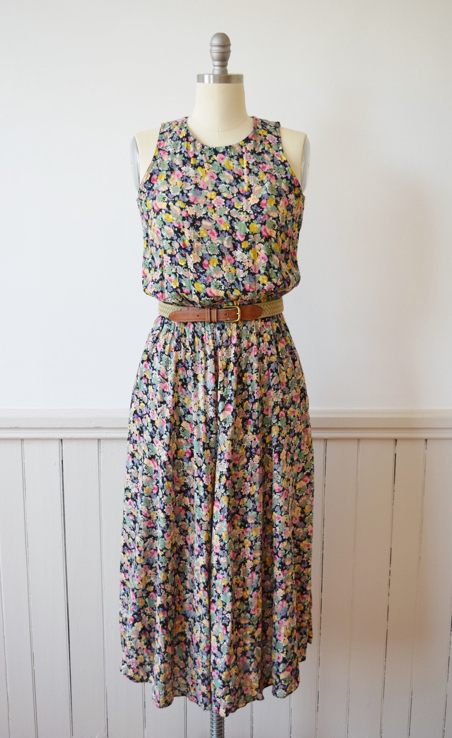 RESERVED 1990s Dark Floral Rayon Sundress