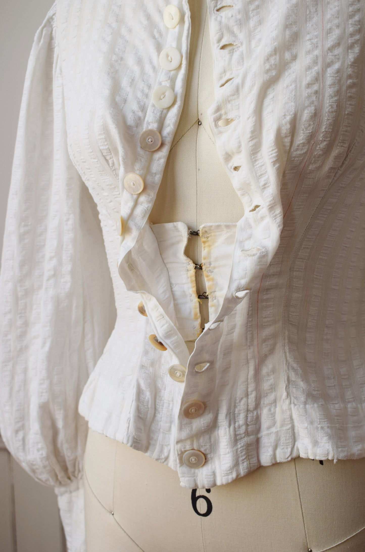 Antique Seersucker Cotton Bishop Sleeve Blouse | XS
