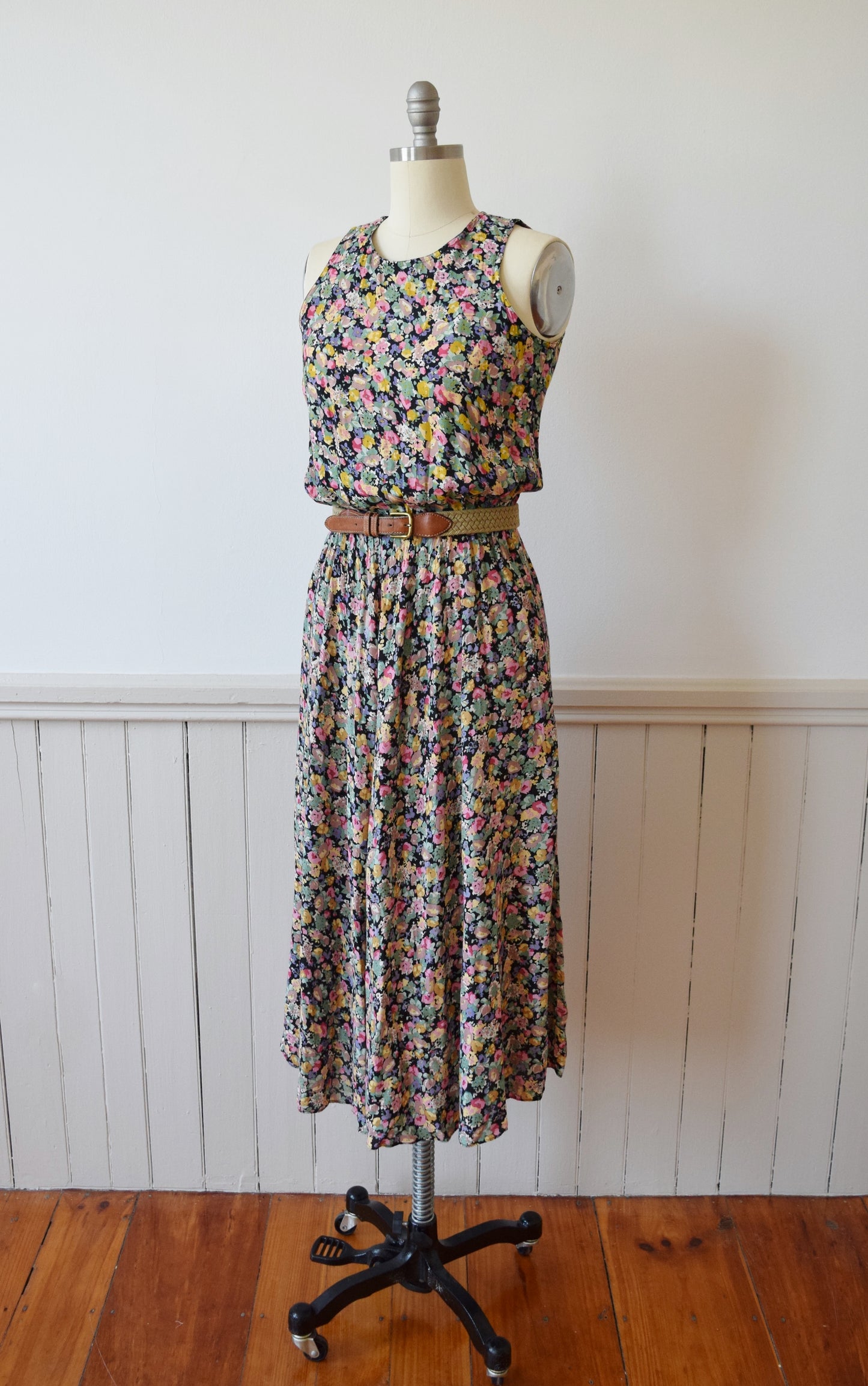 RESERVED 1990s Dark Floral Rayon Sundress