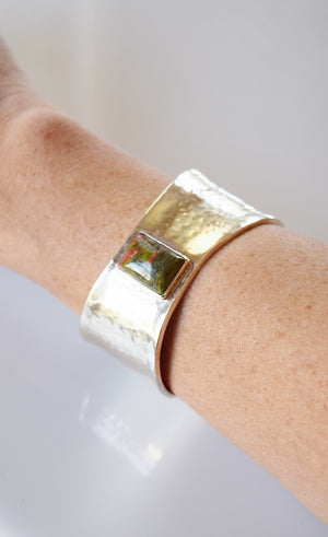 Modernist Hammered Silver and Jasper Cuff