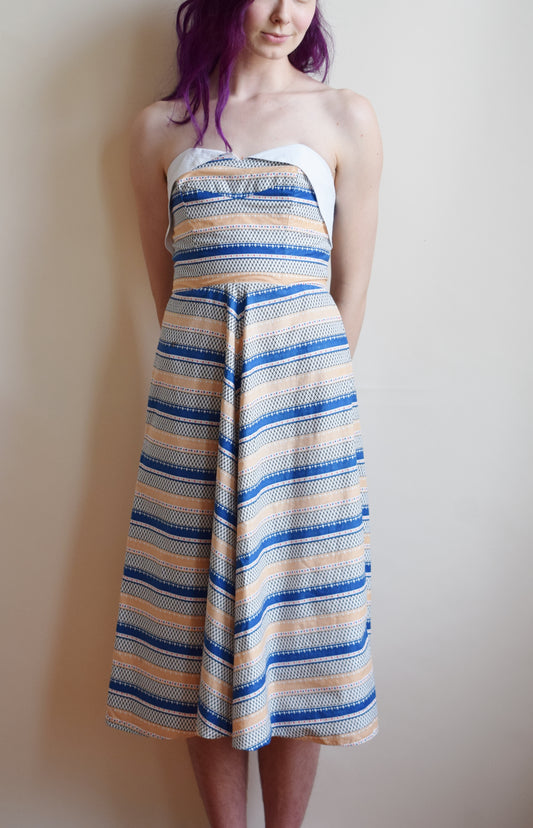 1940s Strapless Striped Cotton Dress | XS