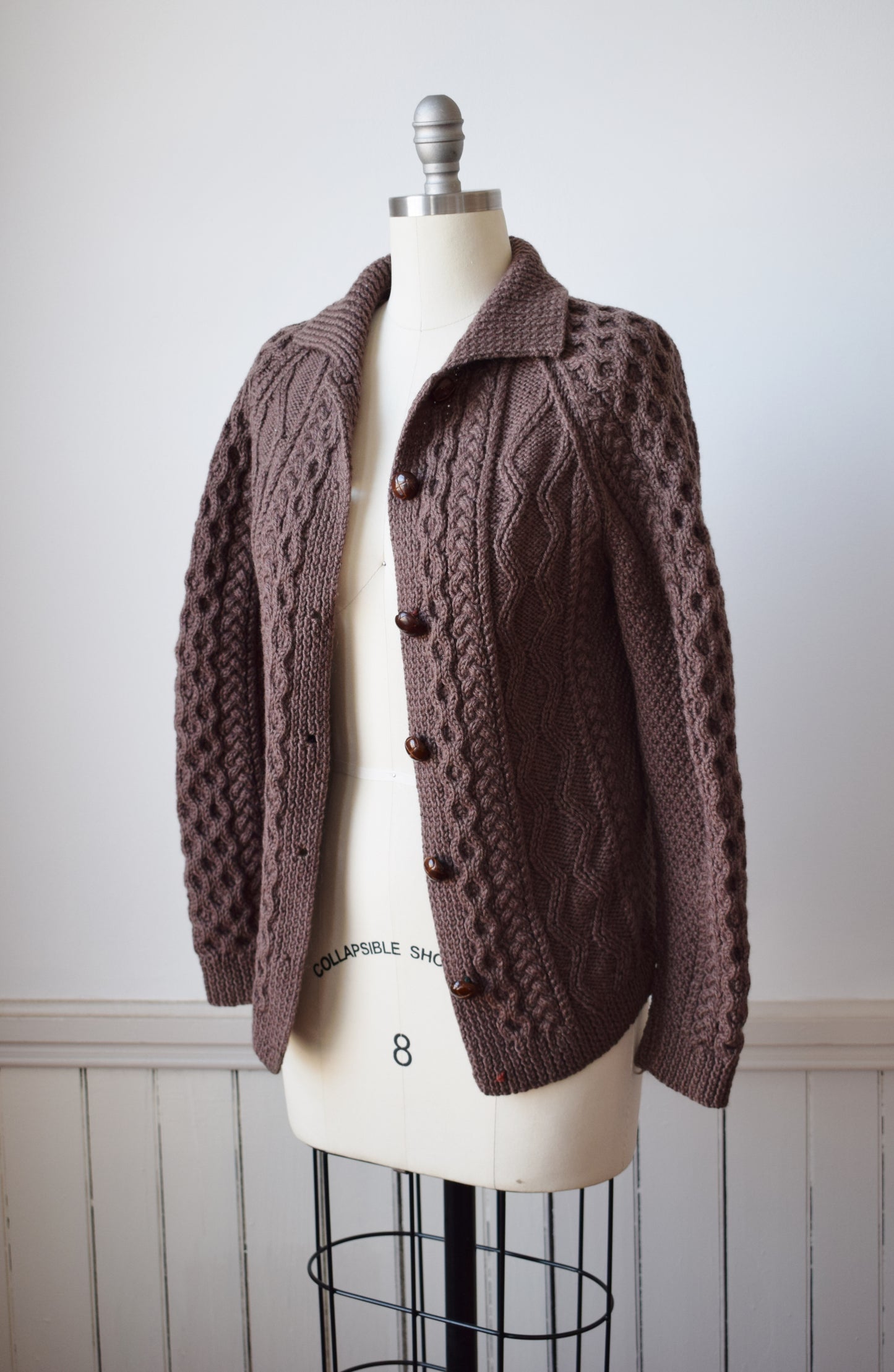 Mocha Brown Wool Cable Knit Cardigan | M