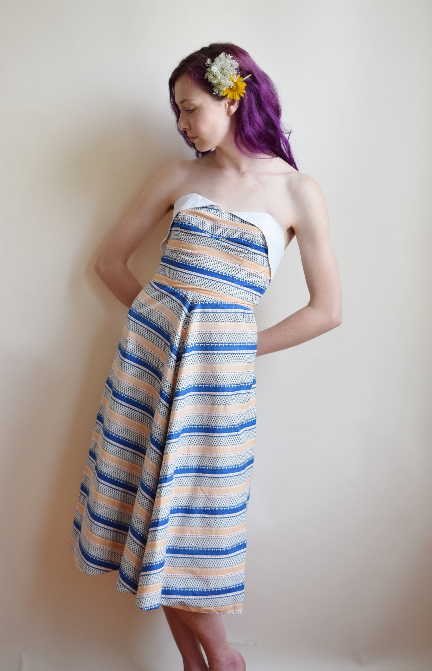 1940s Strapless Striped Cotton Dress | XS