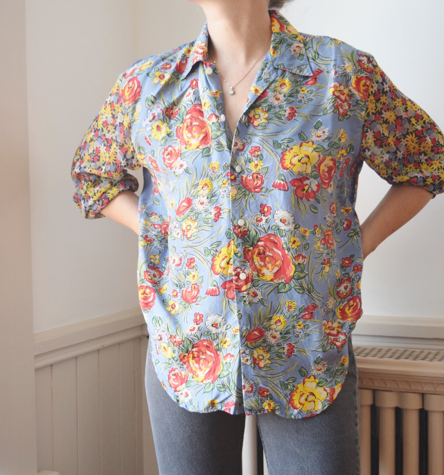 1990s Mixed Floral Print Silk Blouse | M