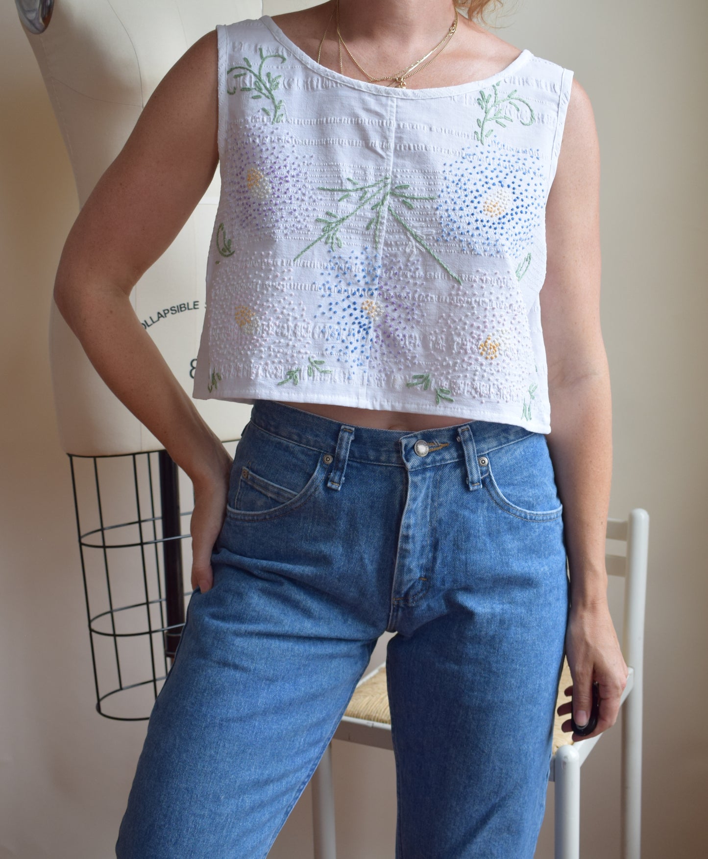 Vintage Embroidered Cotton Top |  Pixel Floral | M