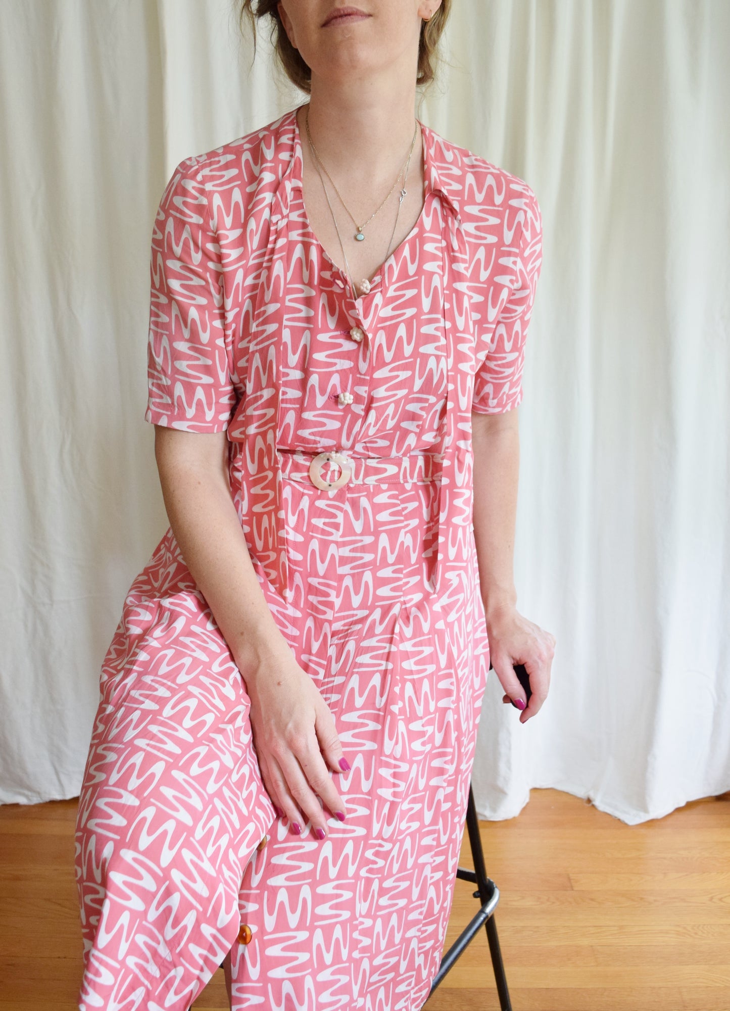 1940s Cold Rayon Novelty Print Day Dress | Pink Squiggle Dress | Button Front