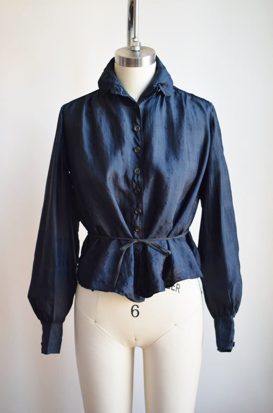 Antique Midnight Blue Silk Shirtwaist Top | M
