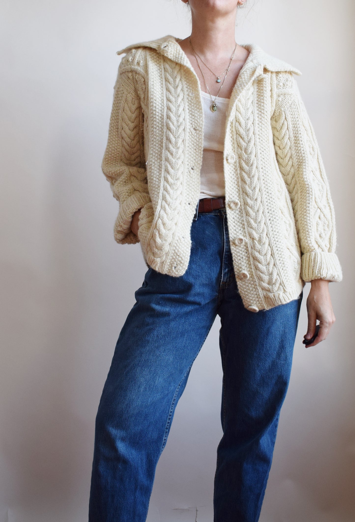 Classic Vintage Cable Knit Cardigan w Darns | L