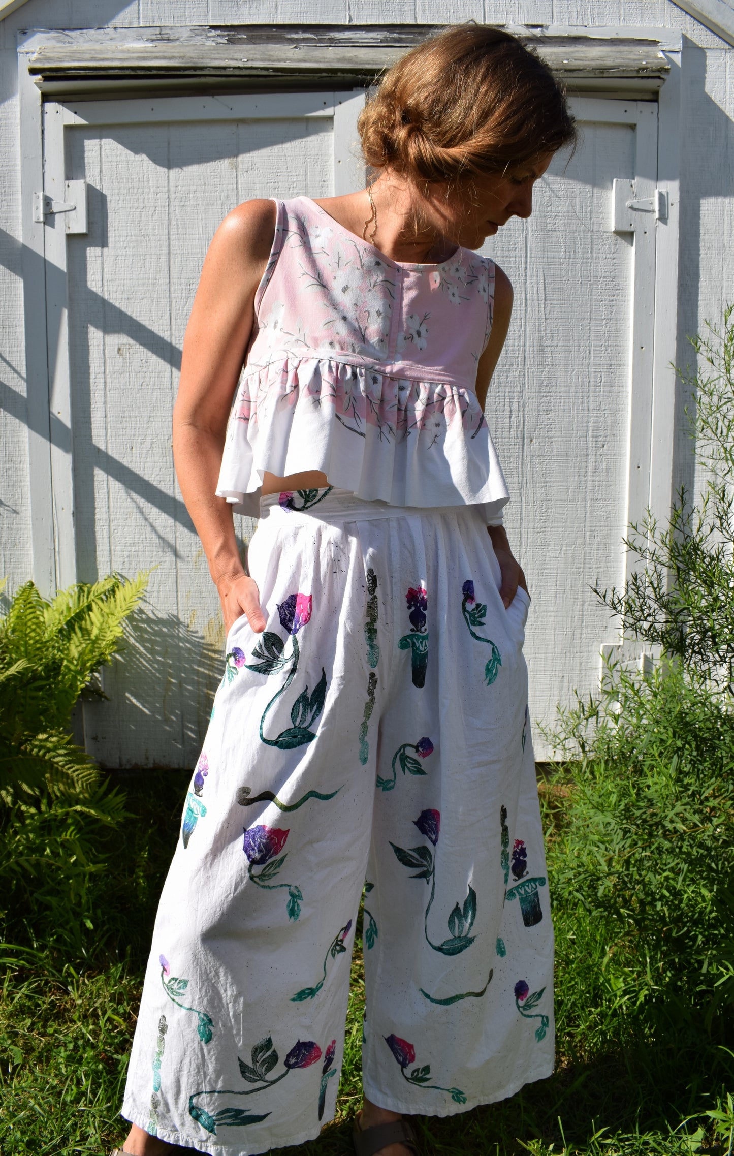 90s Hand Painted Wide Leg Cotton Pants | S-M