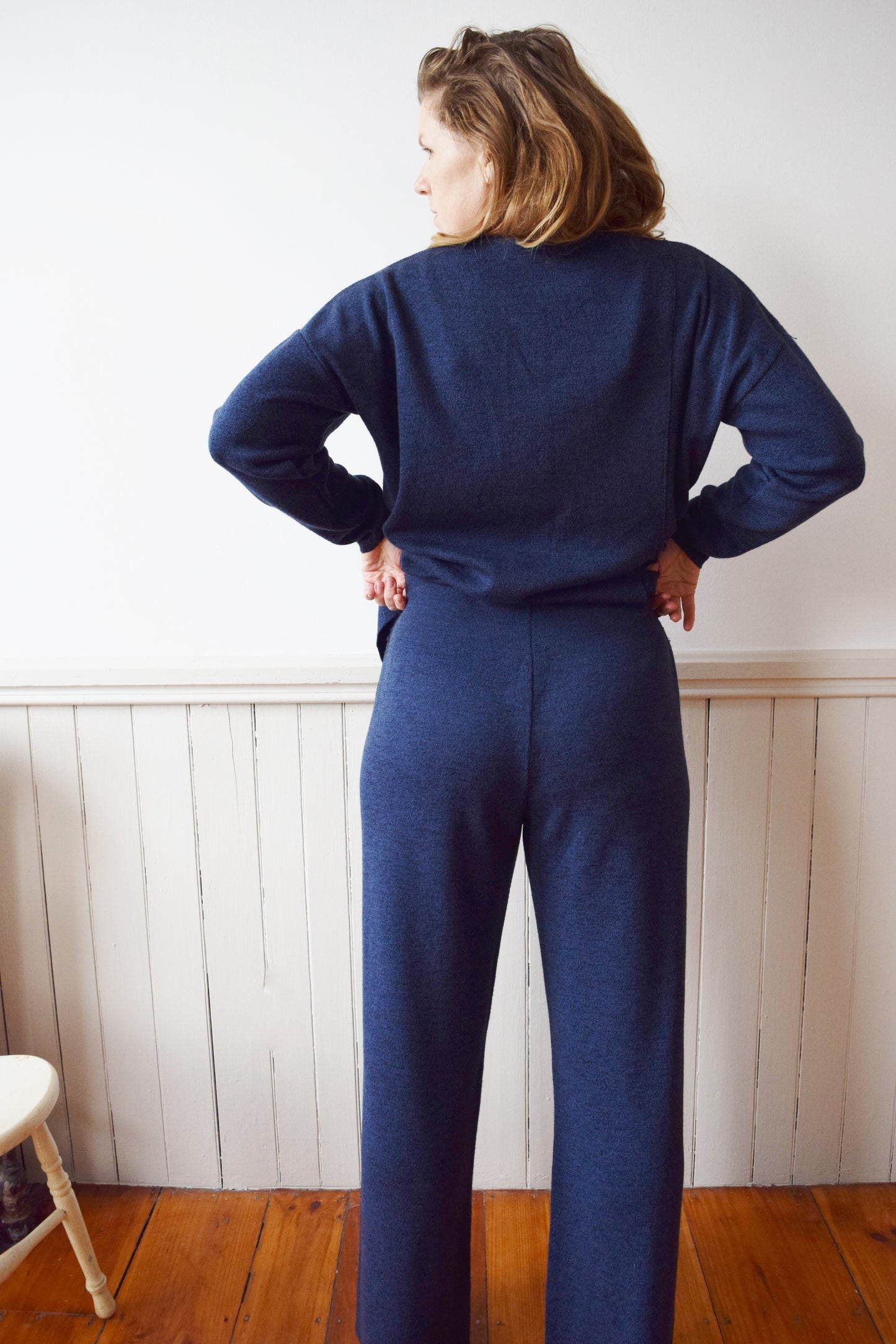 Italian Flecked Blue Wool Knitwear Set | Pants and Shirt | L