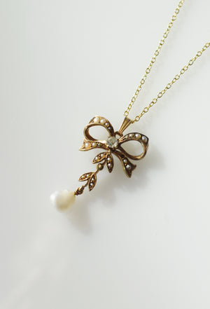Antique Victorian Gold and Pearl Bow Pendant