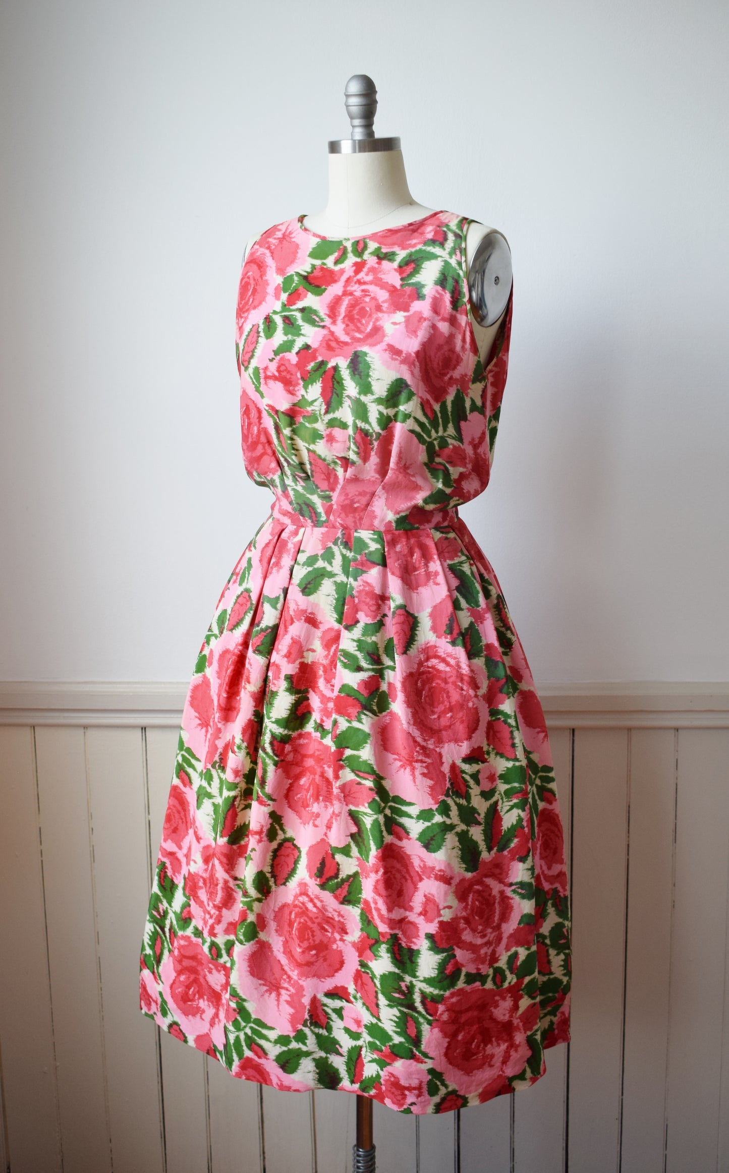 1950s Silk Rose Print Dress | M
