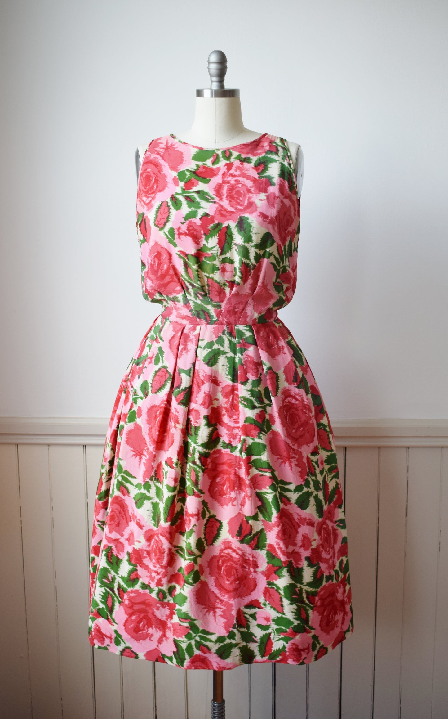 1950s Silk Rose Print Dress | M