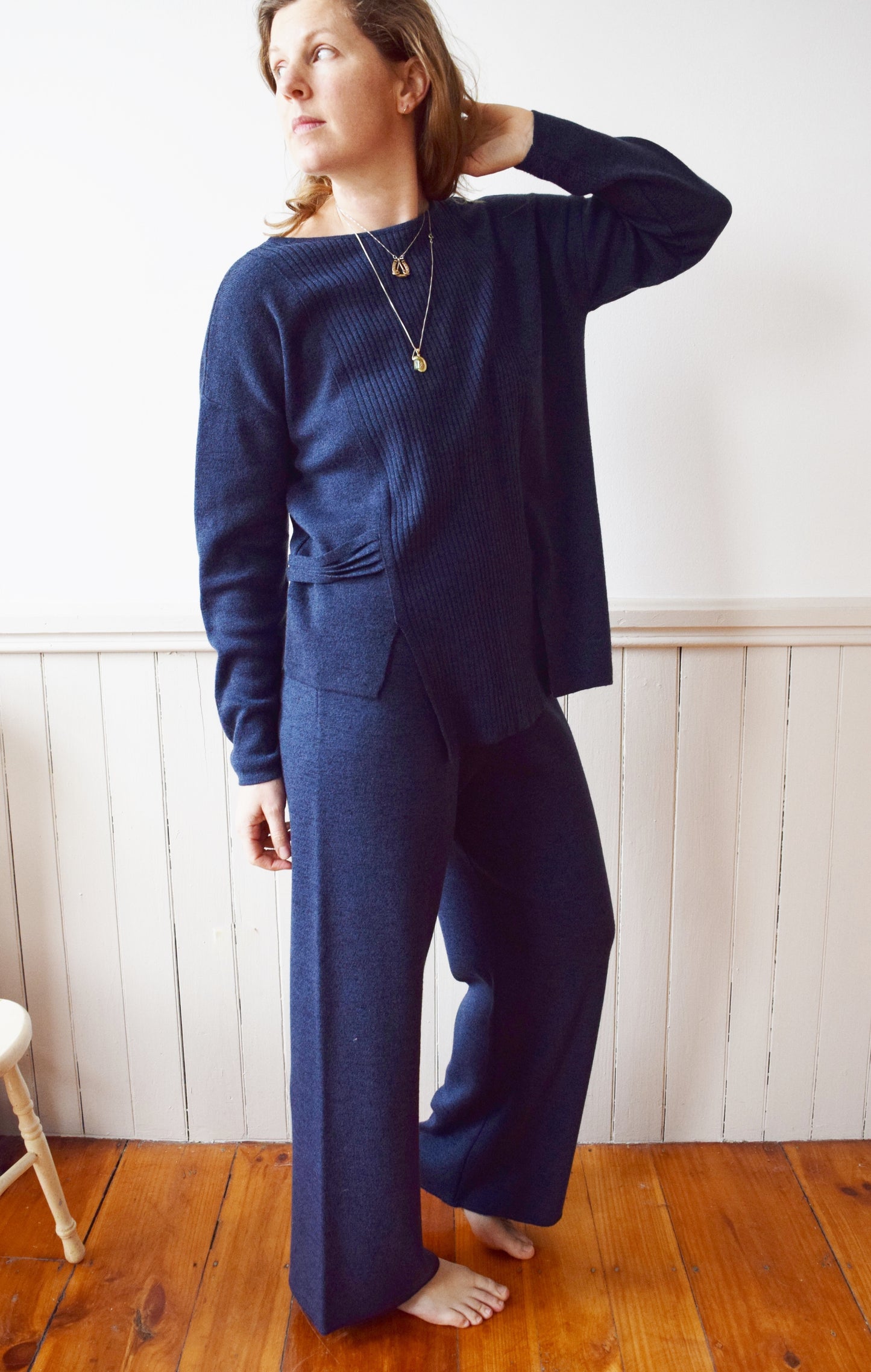 Italian Flecked Blue Wool Knitwear Set | Pants and Shirt | L