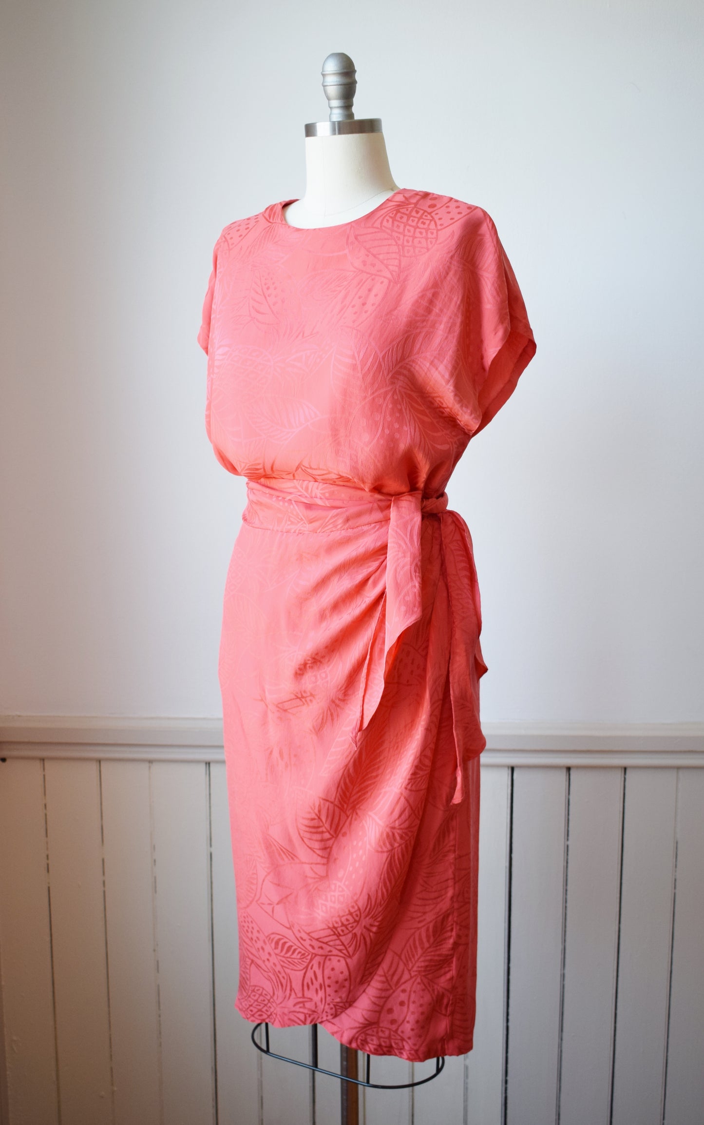 Vintage 90s Coral Silk Jacquard Dress Set | M/L