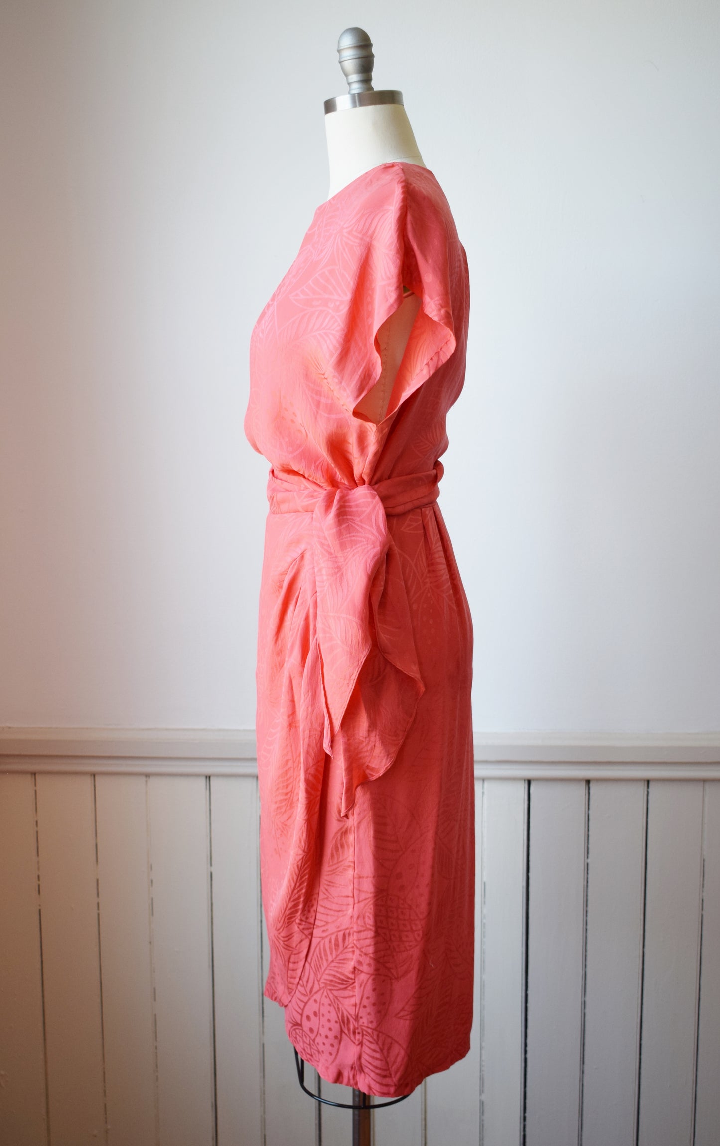Vintage 90s Coral Silk Jacquard Dress Set | M/L