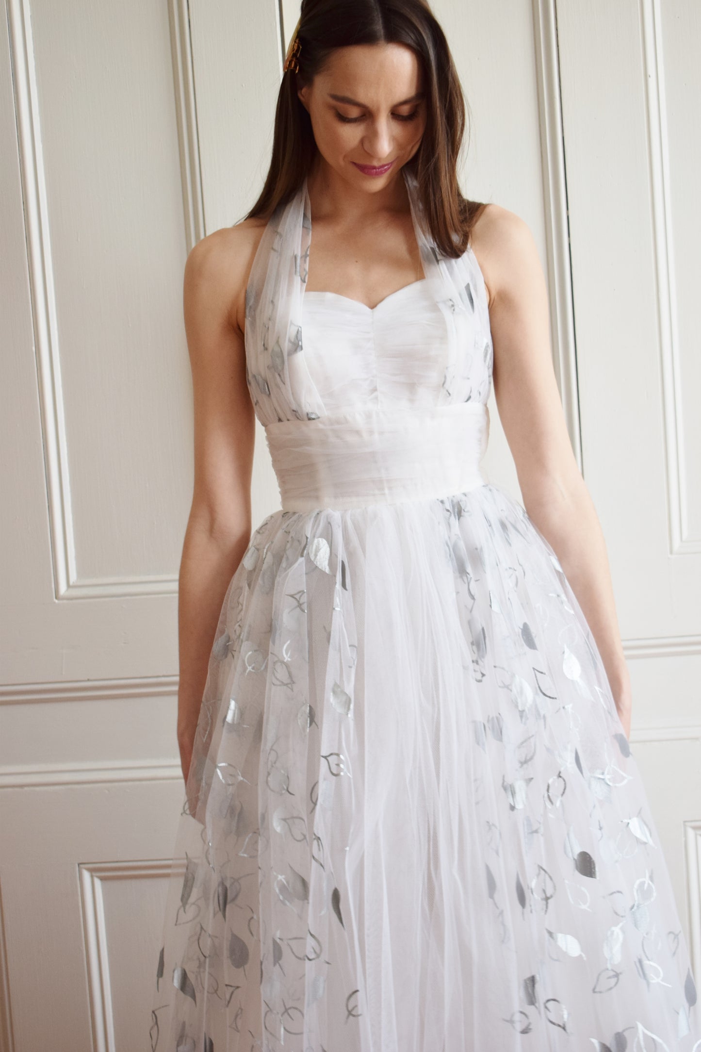 1950s Tulle Dress with Silver Leaf Motif | XXS
