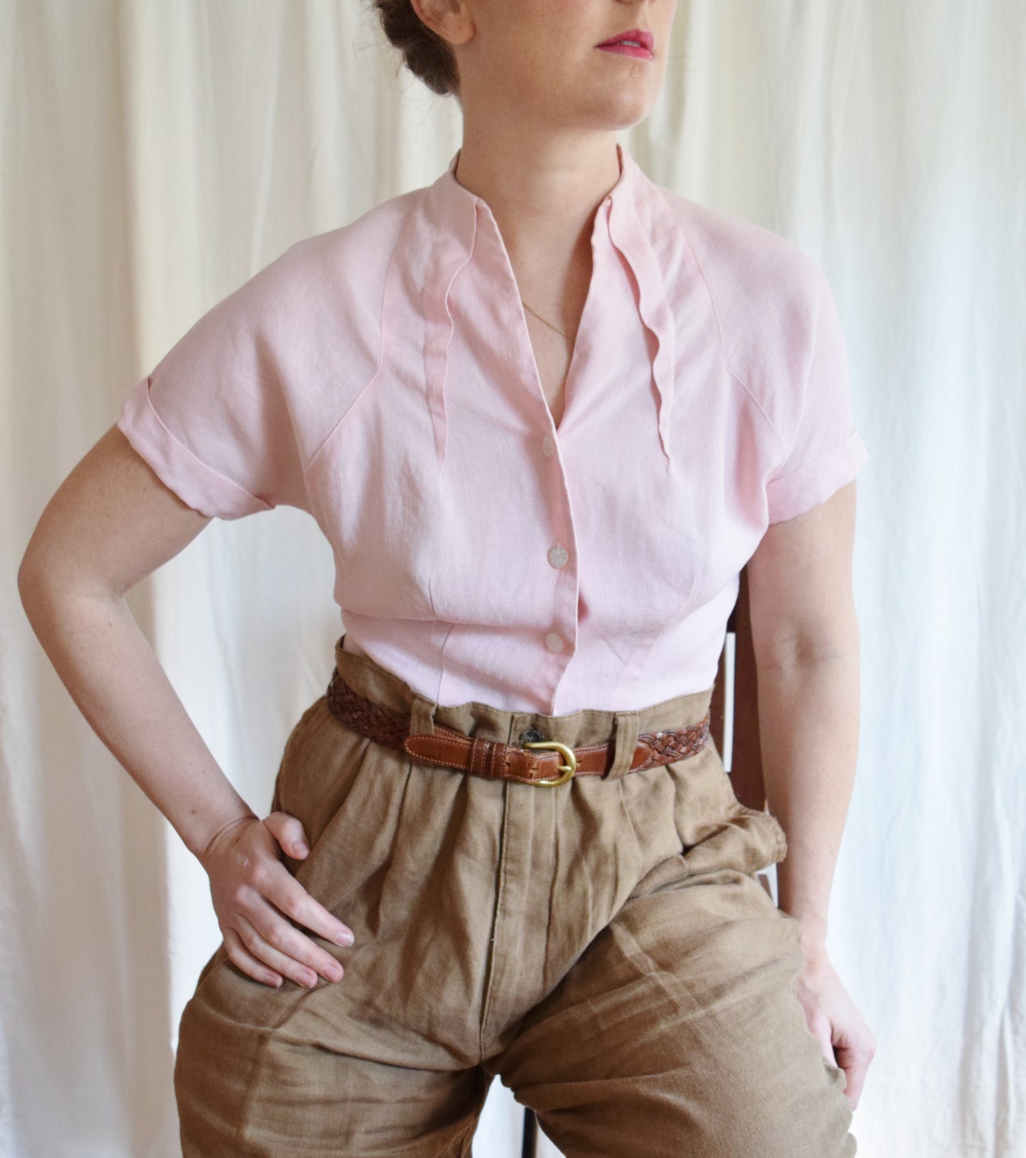 1950s Pink Linen Tailored Blouse