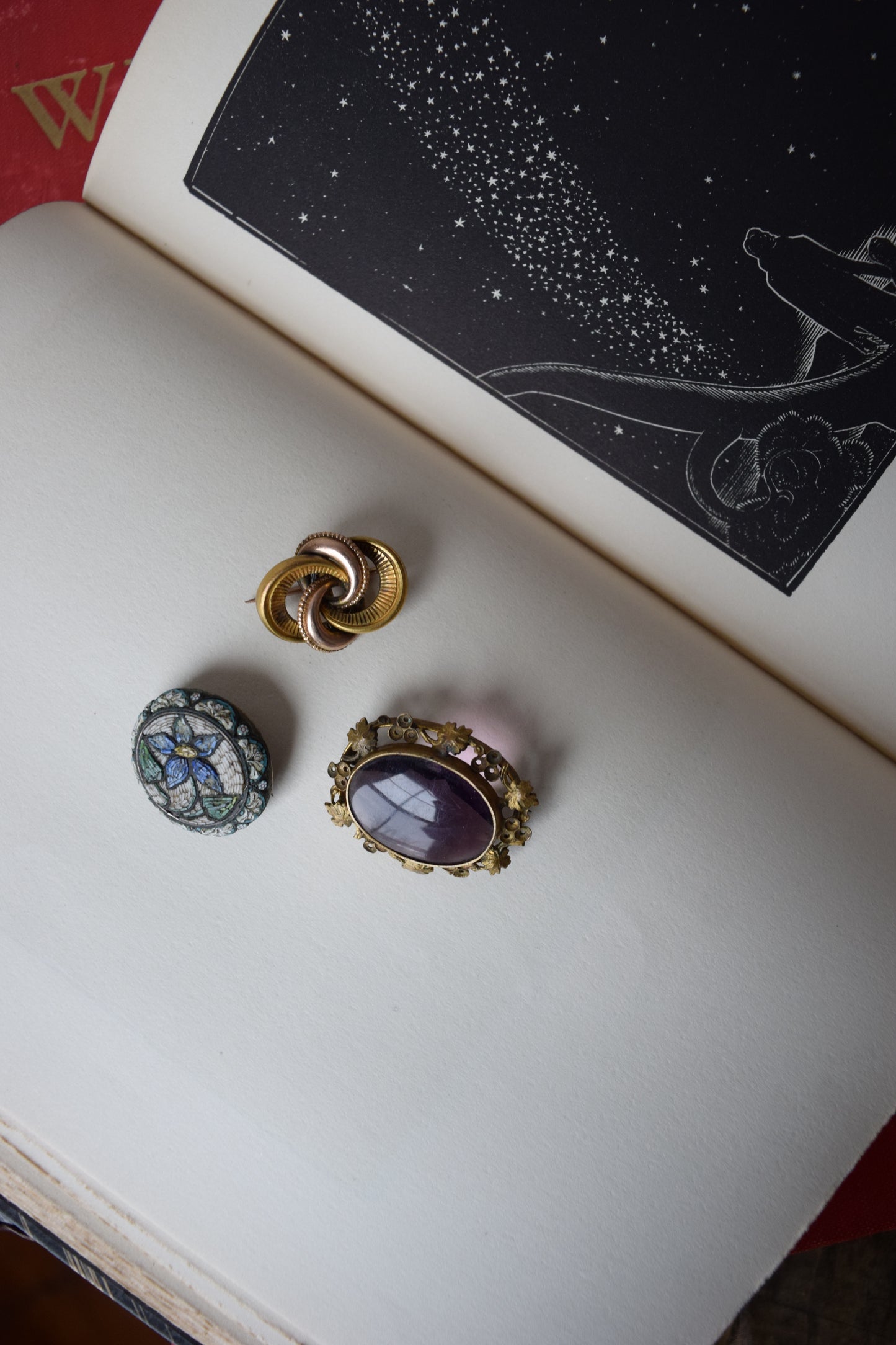 Set of 3 Antique Pins | Brooches | Micro Mosaic, Gold, and Amethyst Stone