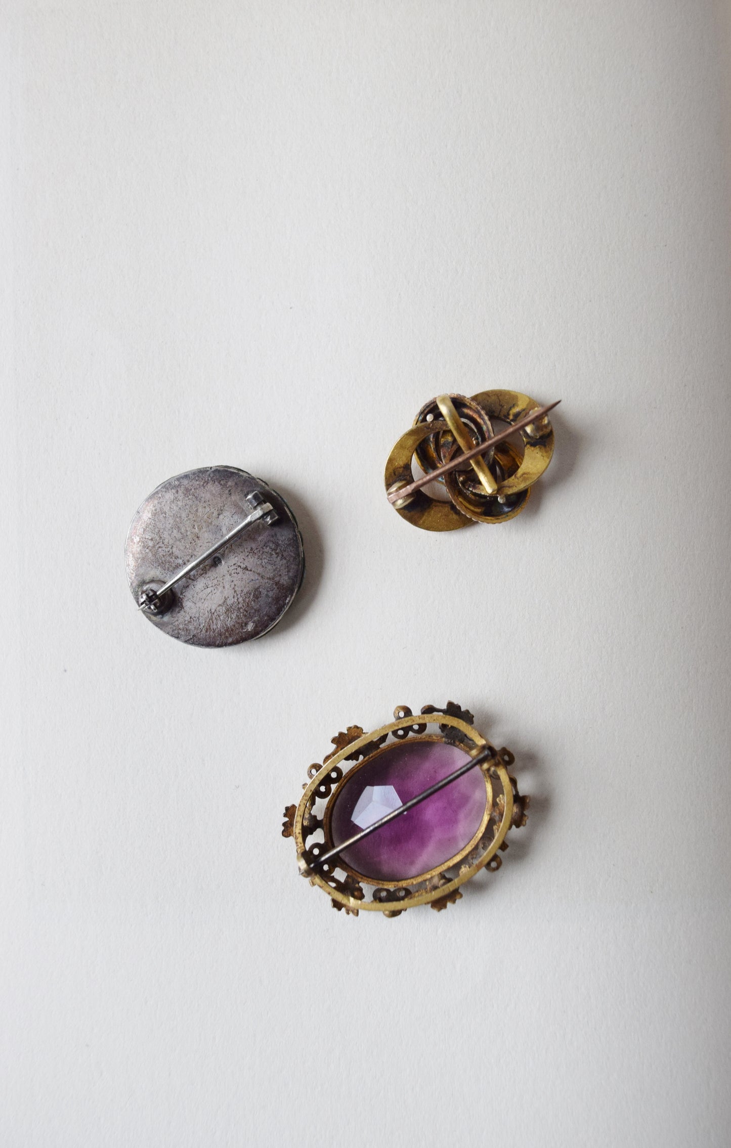 Set of 3 Antique Pins | Brooches | Micro Mosaic, Gold, and Amethyst Stone