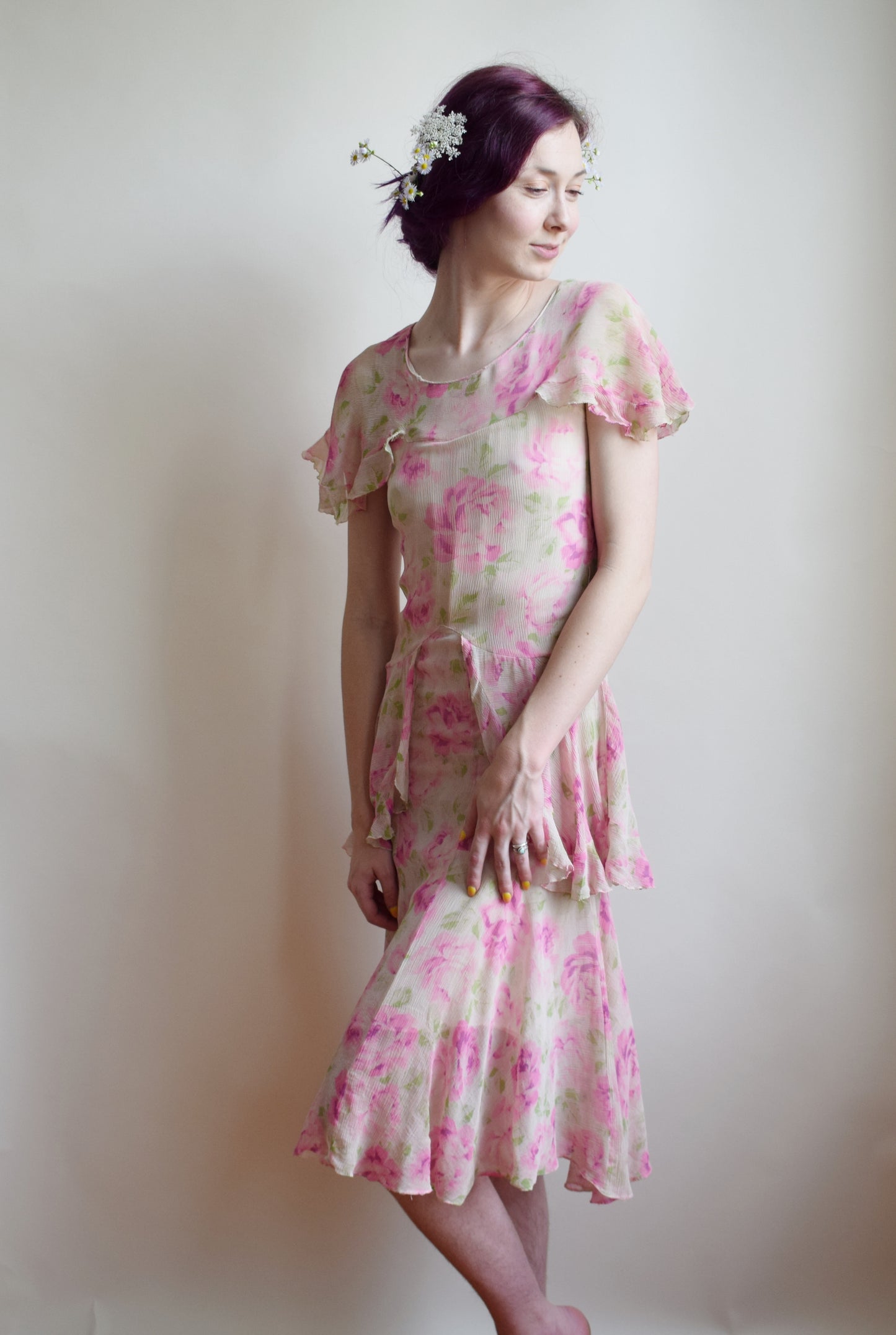 1930s Rose Silk Crepe Dress | XS