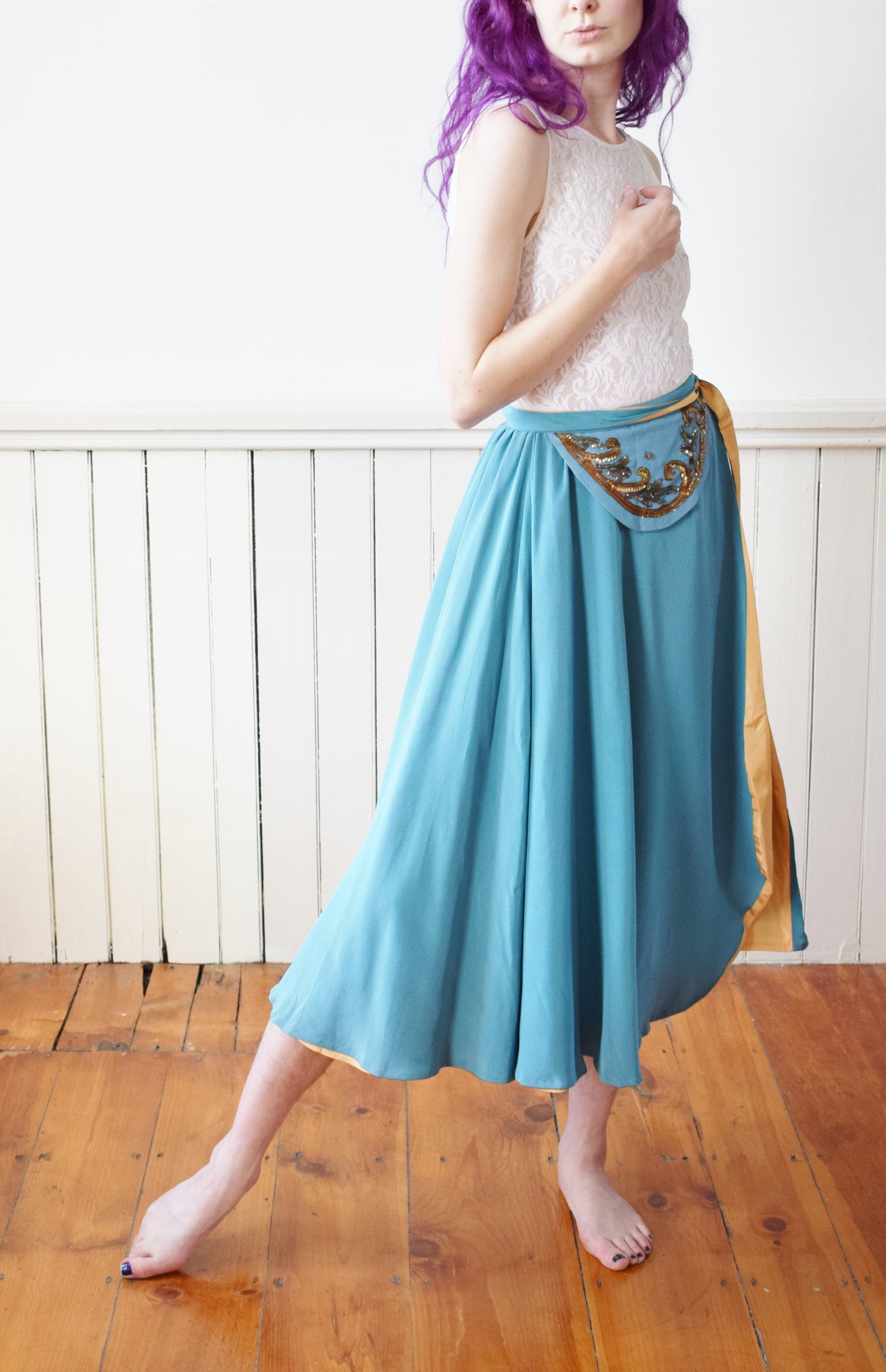 1940s Teal and Gold Wrap Skirt | XXS/XS