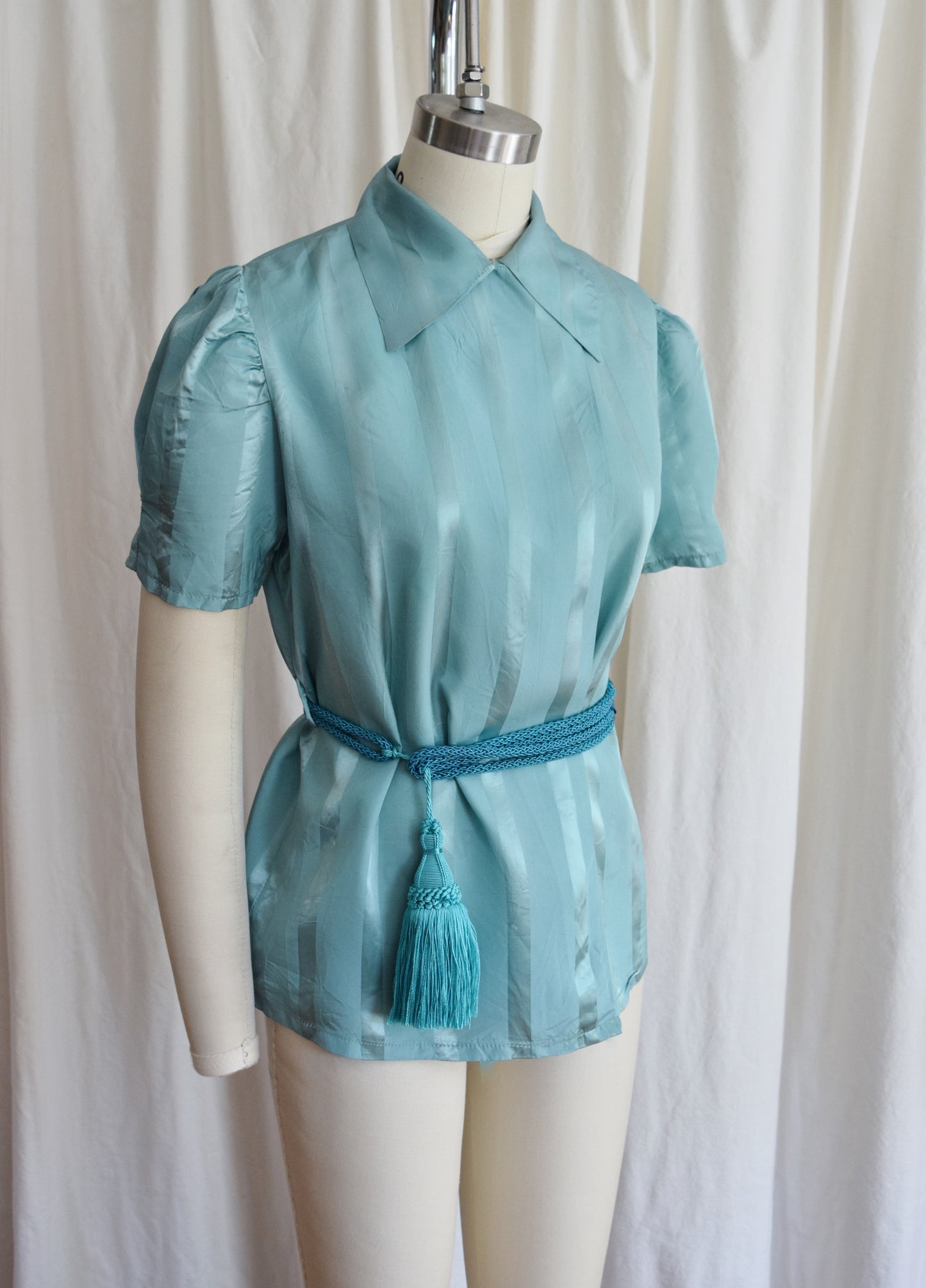 1940s Striped Teal Wrap Top / Loungewear Blouse with Belt