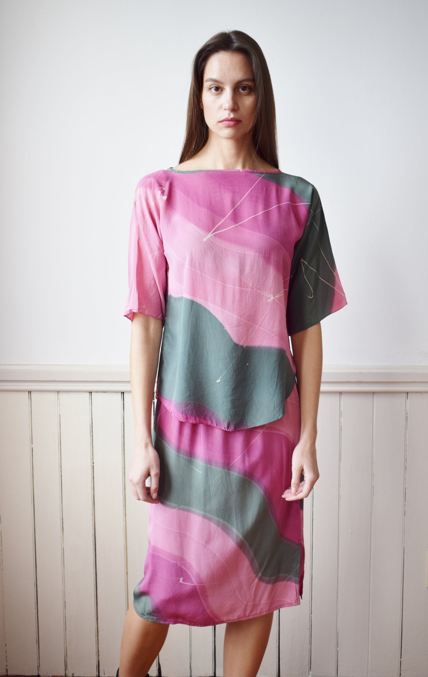 Vintage Painted Silk Set | Top and Skirt | S