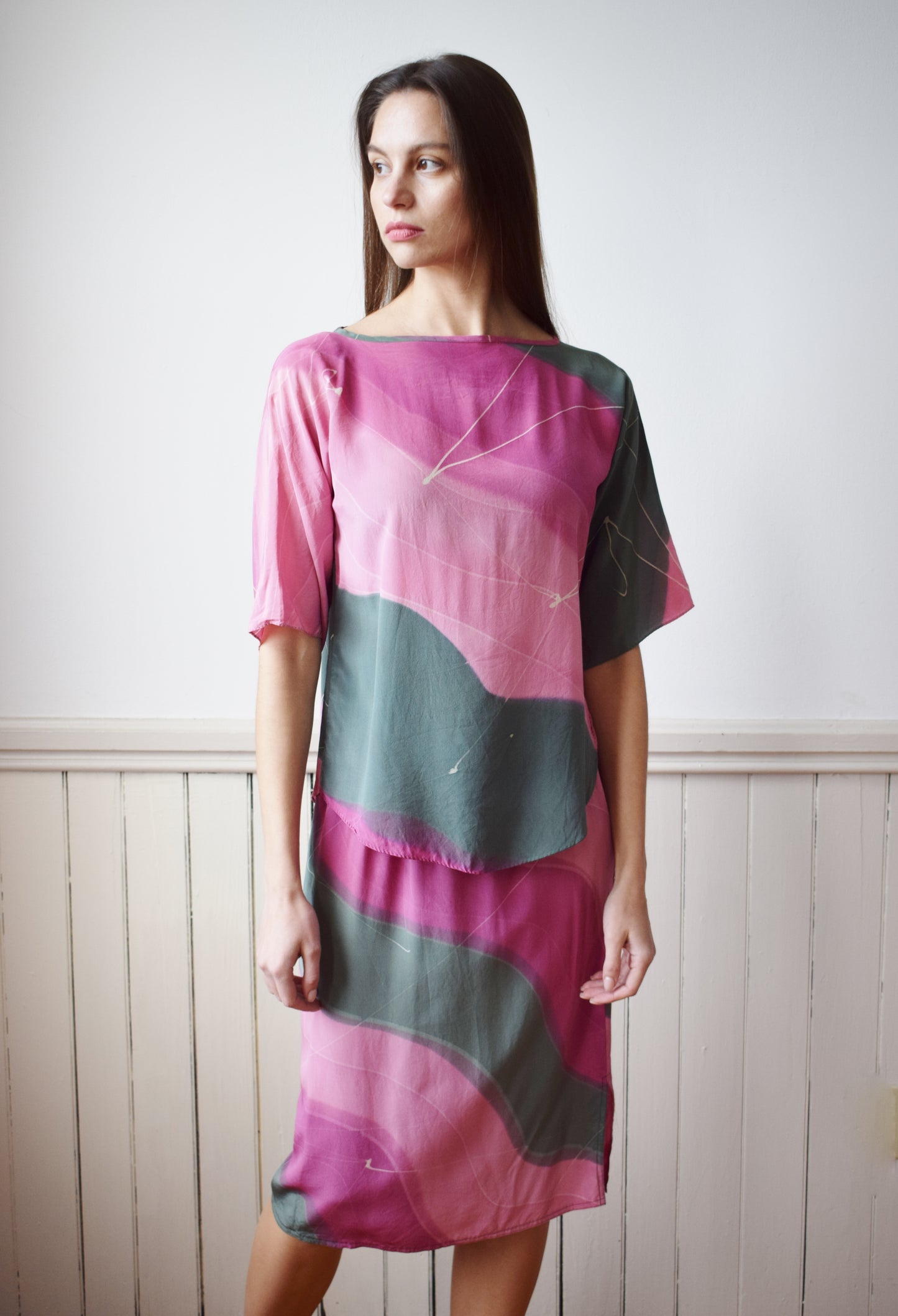 Vintage Painted Silk Set | Top and Skirt | S