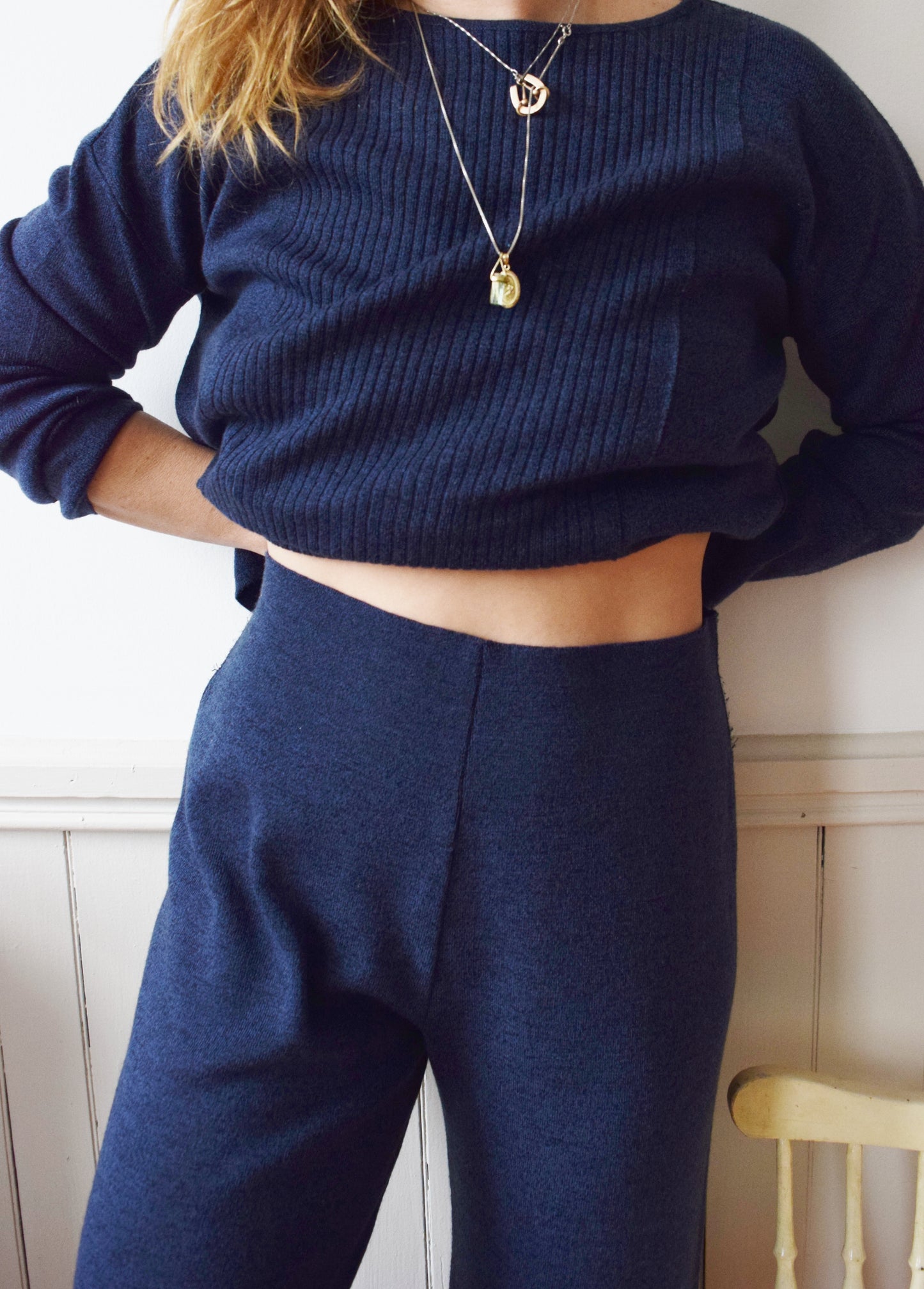 Italian Flecked Blue Wool Knitwear Set | Pants and Shirt | L