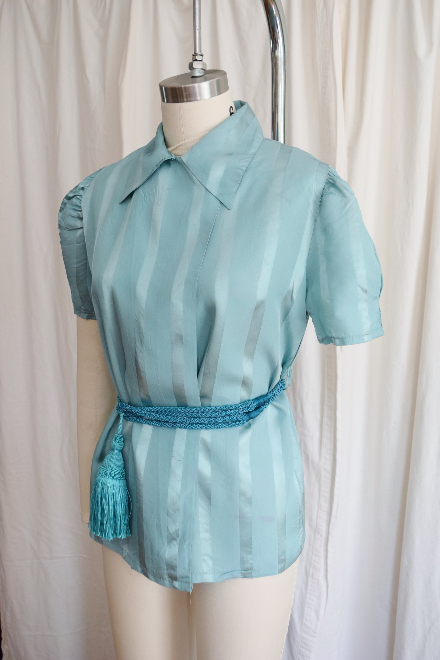 1940s Striped Teal Wrap Top / Loungewear Blouse with Belt