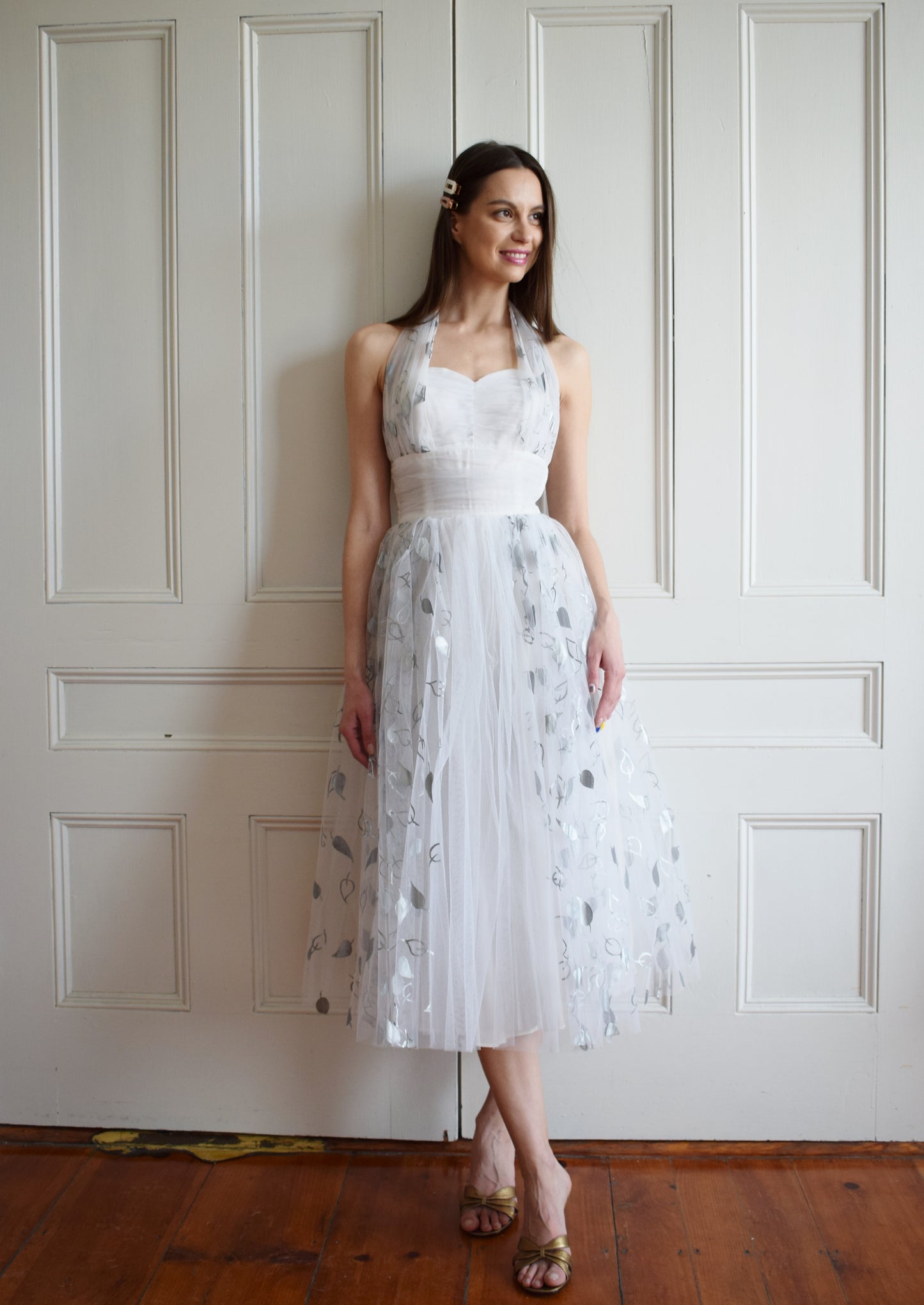 1950s Tulle Dress with Silver Leaf Motif | XXS