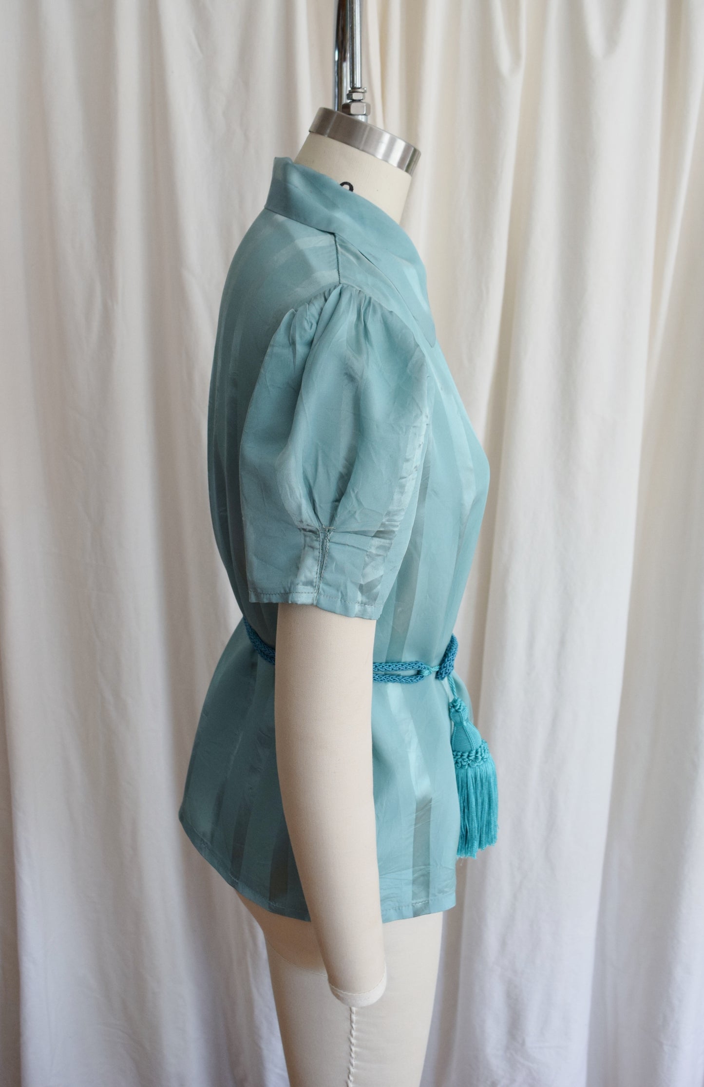 1940s Striped Teal Wrap Top / Loungewear Blouse with Belt