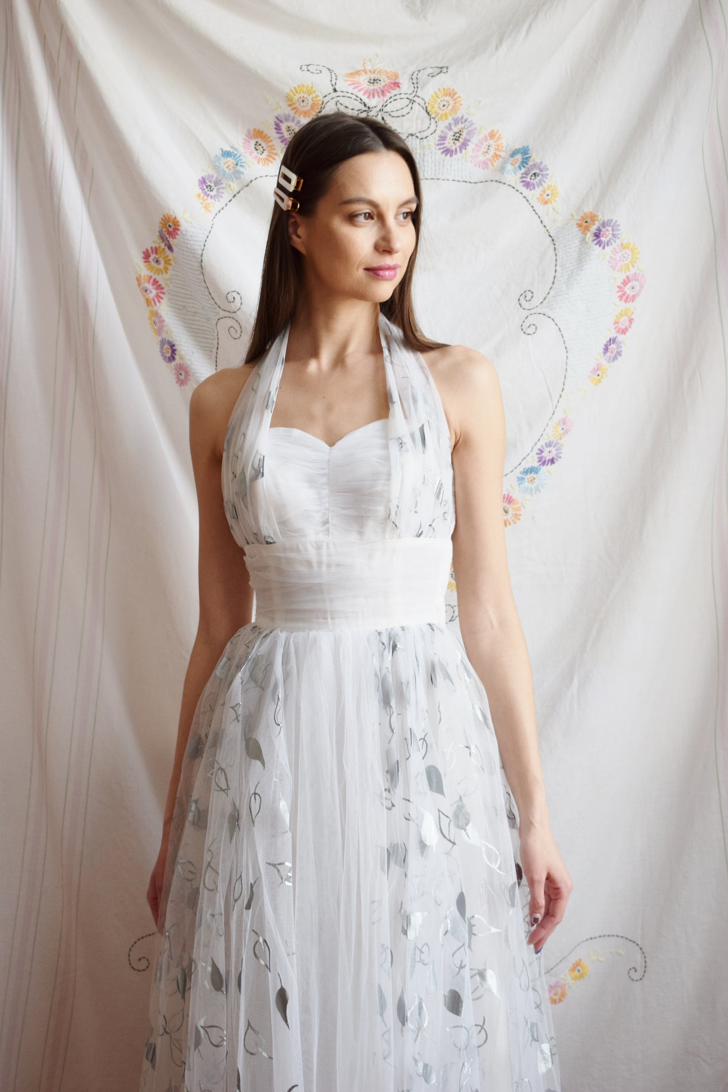 1950s Tulle Dress with Silver Leaf Motif | XXS